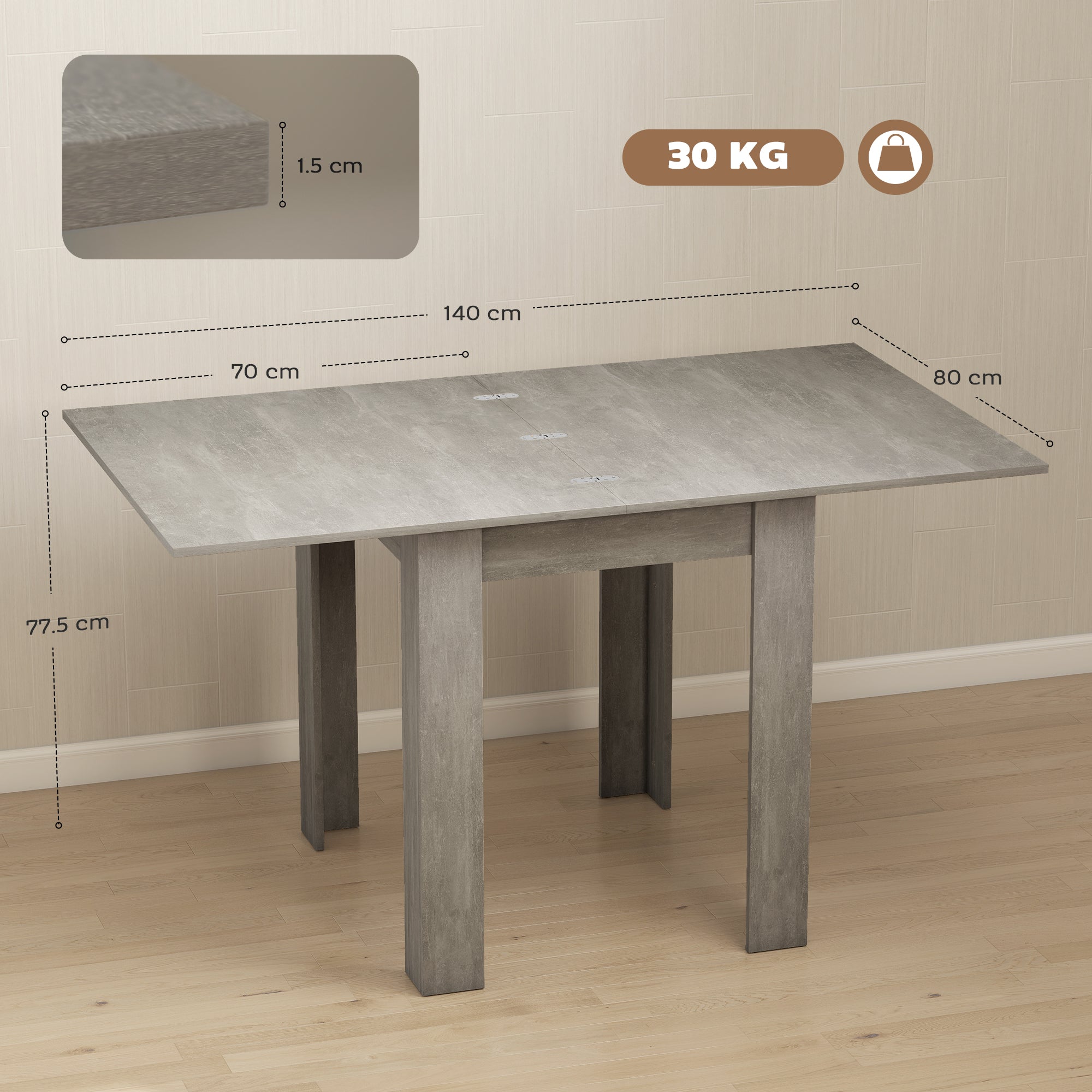 Folding Dining Table for 4-6, Rectangular Extendable Drop Leaf Table for Small Spaces, Dining Room, Kitchen, 140 x 80 x 77.5 cm, Grey