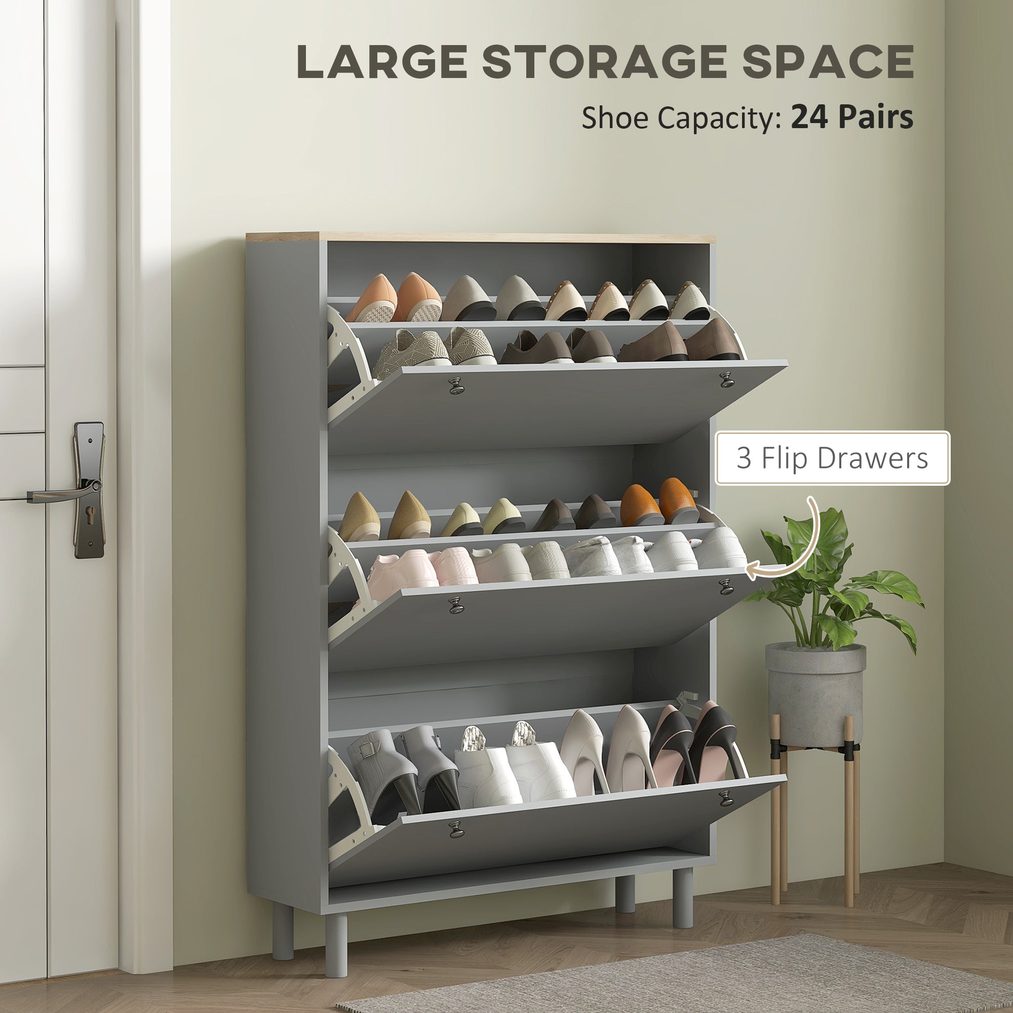 HOMCOM Shoe Cabinet, Narrow Shoe Storage Cabinet with 3 Flip Drawers and Adjustable Shelves for 24 Pairs of Shoes for Entryway, Hallway, Grey