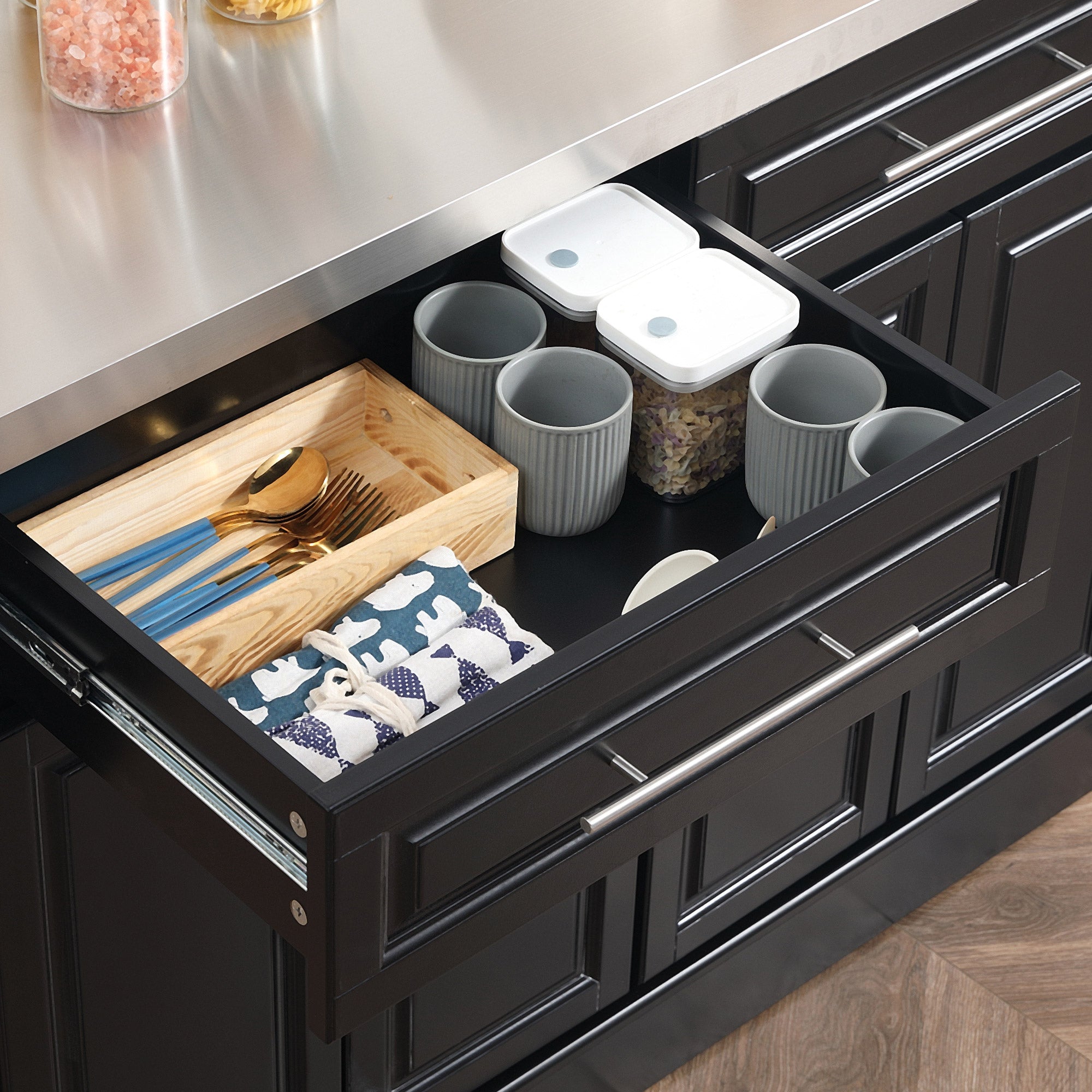 Rolling Kitchen Island with Storage Portable Cart with Stainless Steel Top 2 Drawers Black