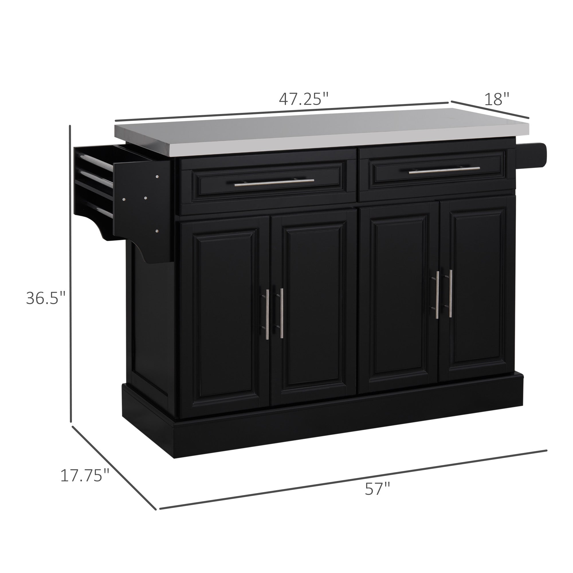 Rolling Kitchen Island with Storage Portable Cart with Stainless Steel Top 2 Drawers Black