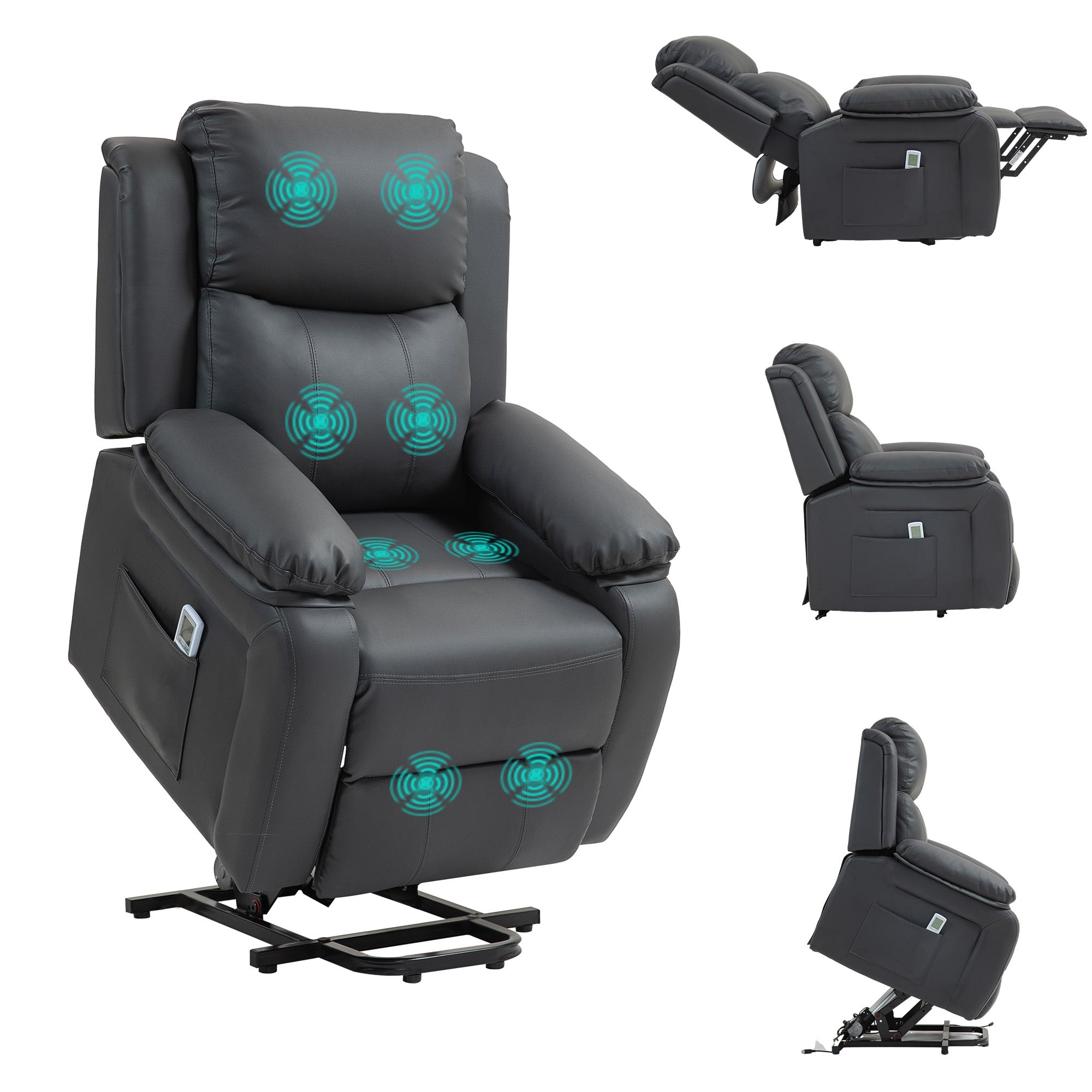 Riser and Recliner Chair with Vibration Massage, PU Leather Power Lift Chair for Elderly with Thick and High Back, Headrest, Removable Armrests, Side Pockets, Electric Lift Armchair, Dark Grey