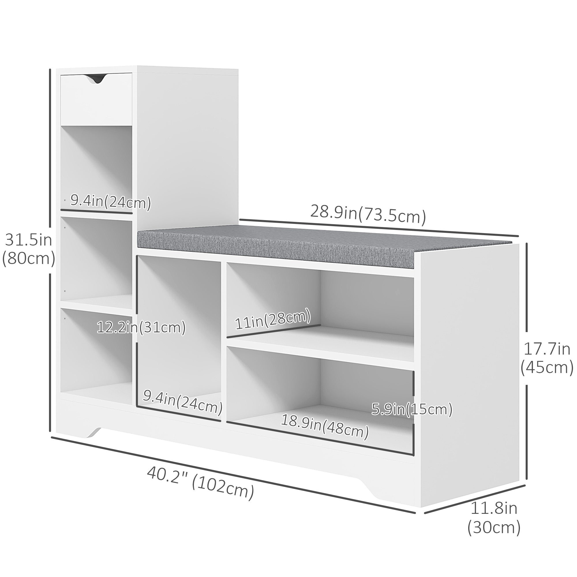 HOMCOM Shoe Bench with Seating Cushion, Entryway Bench with Adjustable Shelves, Drawer, 6 Open Compartments and Table Top for Hallway, White