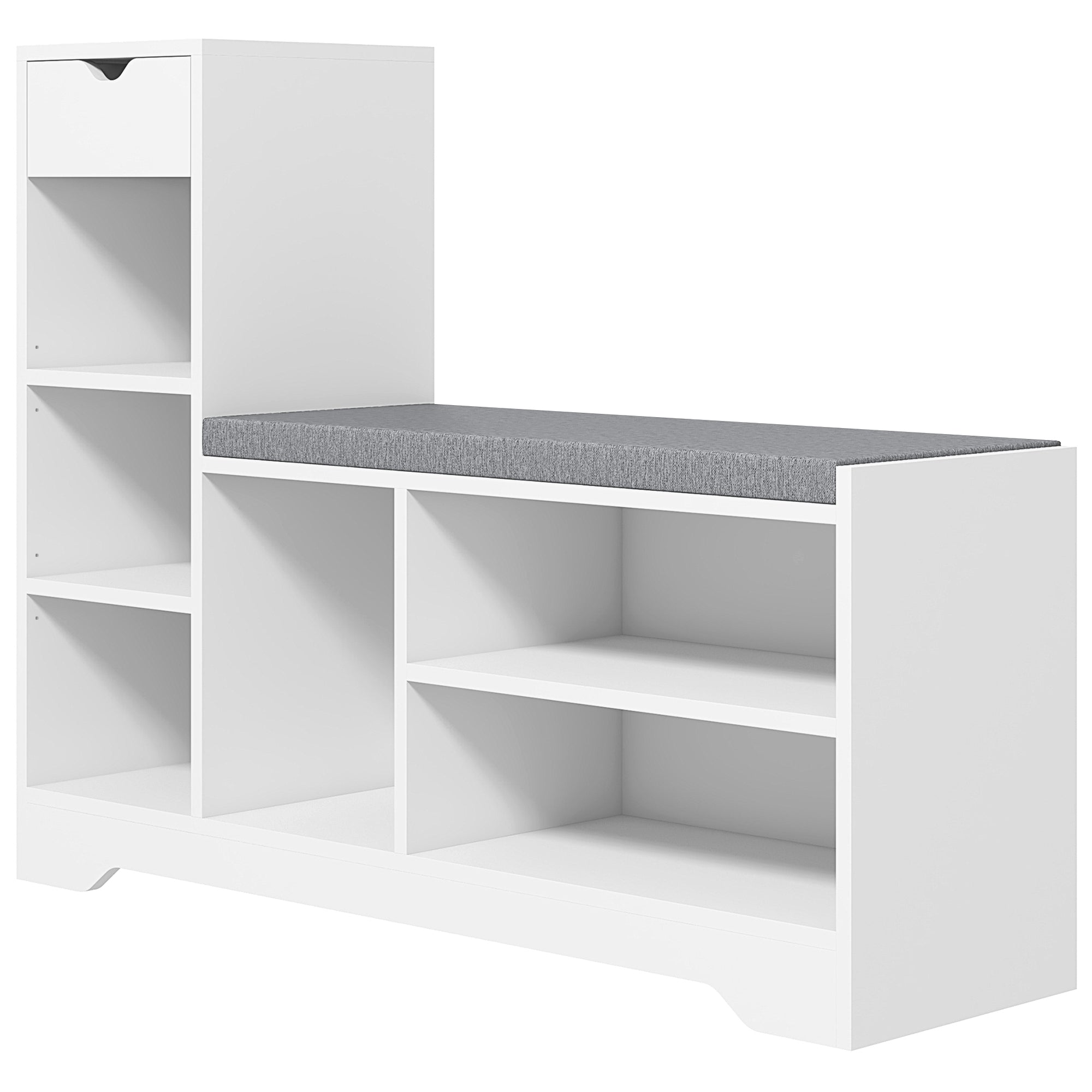 HOMCOM Shoe Bench with Seating Cushion, Entryway Bench with Adjustable Shelves, Drawer, 6 Open Compartments and Table Top for Hallway, White