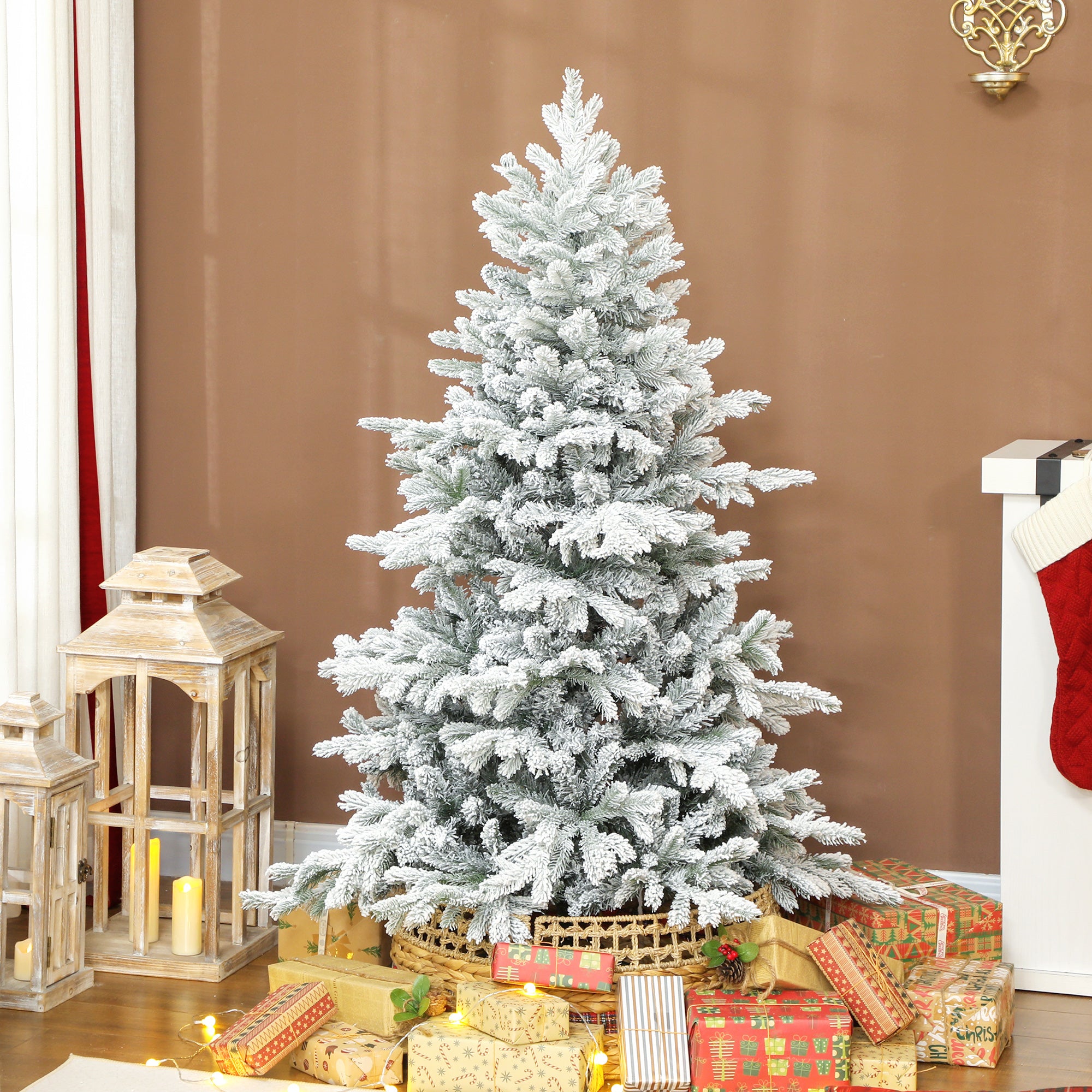 5ft Snow Flocked Christmas Tree with Realistic Tips, Wide Hinged Xmas Tree with Foldable Metal Stand, Easy Assembly for Home Decor