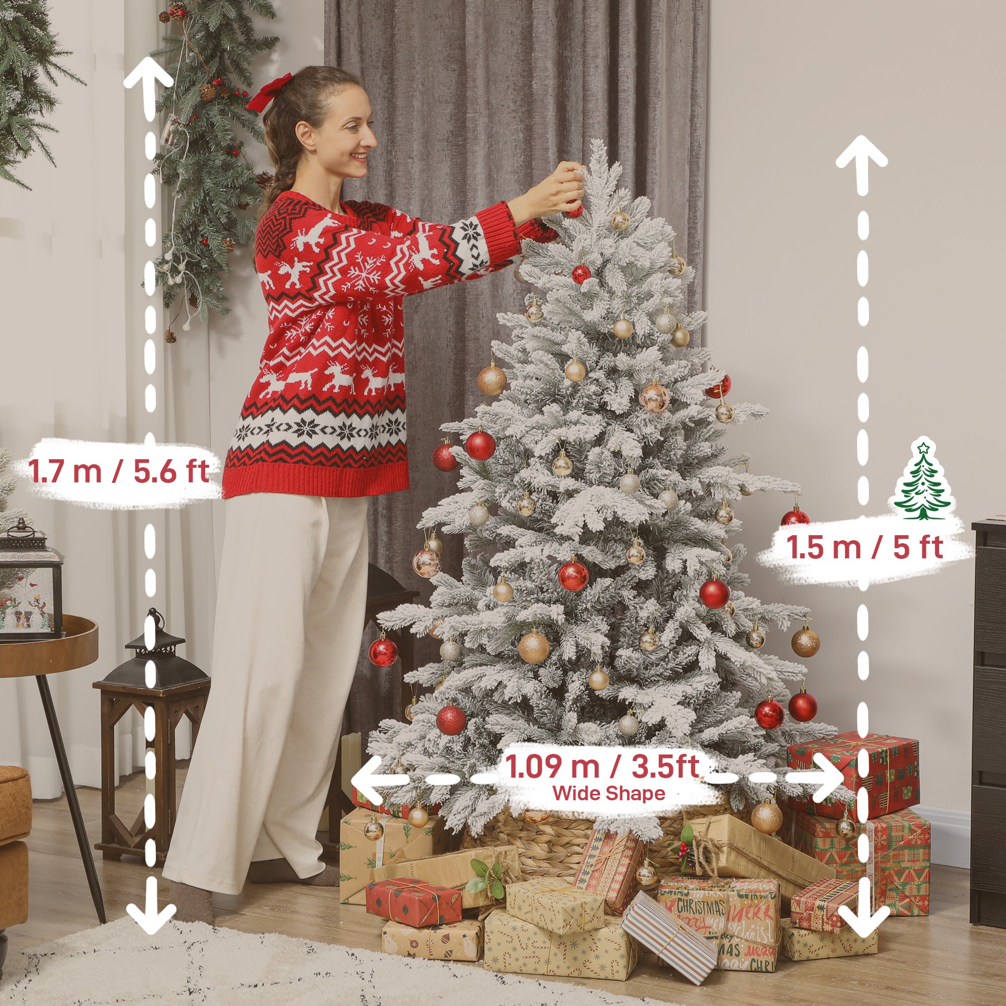 5ft Snow Flocked Christmas Tree with Realistic Tips, Wide Hinged Xmas Tree with Foldable Metal Stand, Easy Assembly for Home Decor