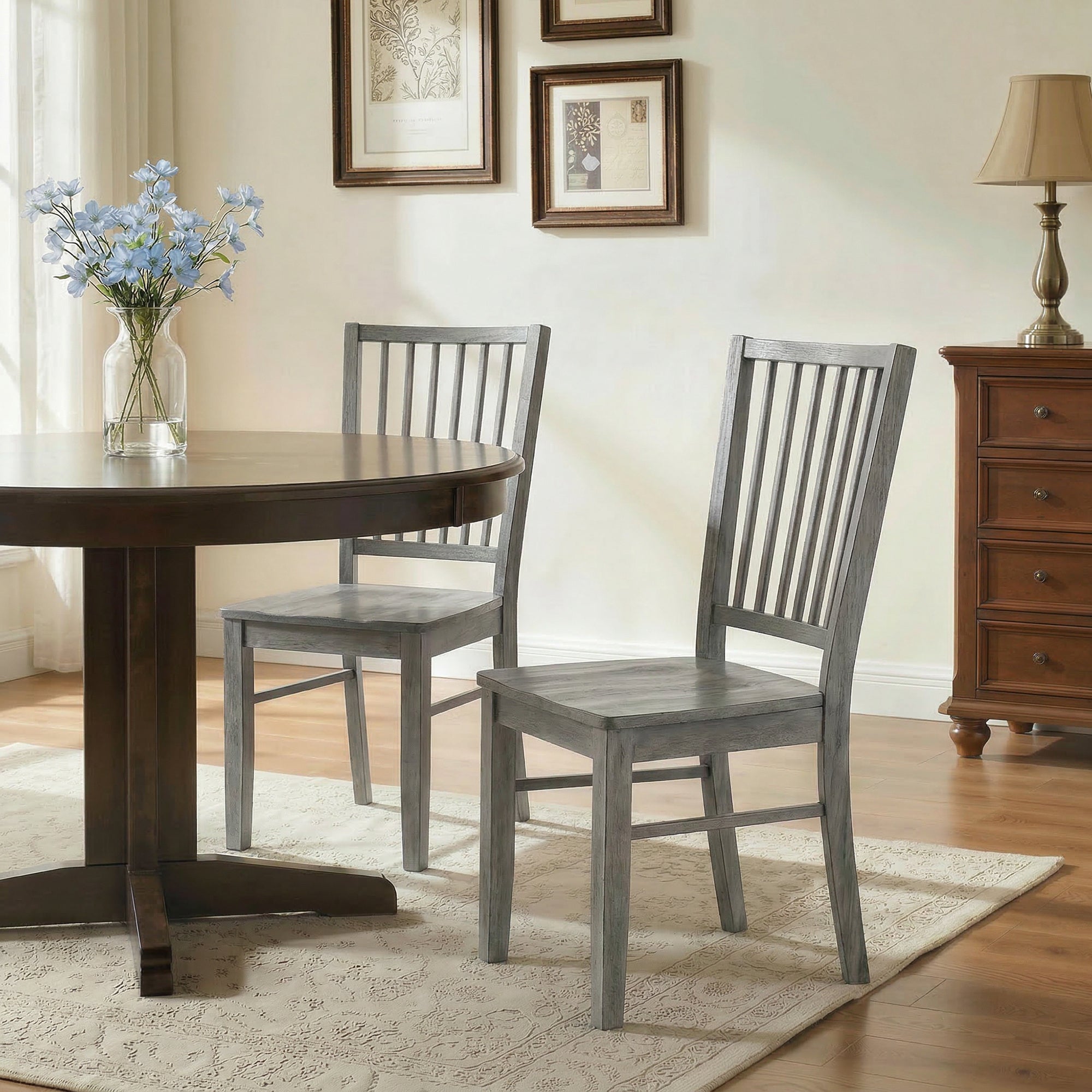Farmhouse Dining Chairs Set of 2, Ergonomic Solid Wood Armless Kitchen Chairs with Rubberwood Legs for Dining Room, Kitchen, Rustic Gray