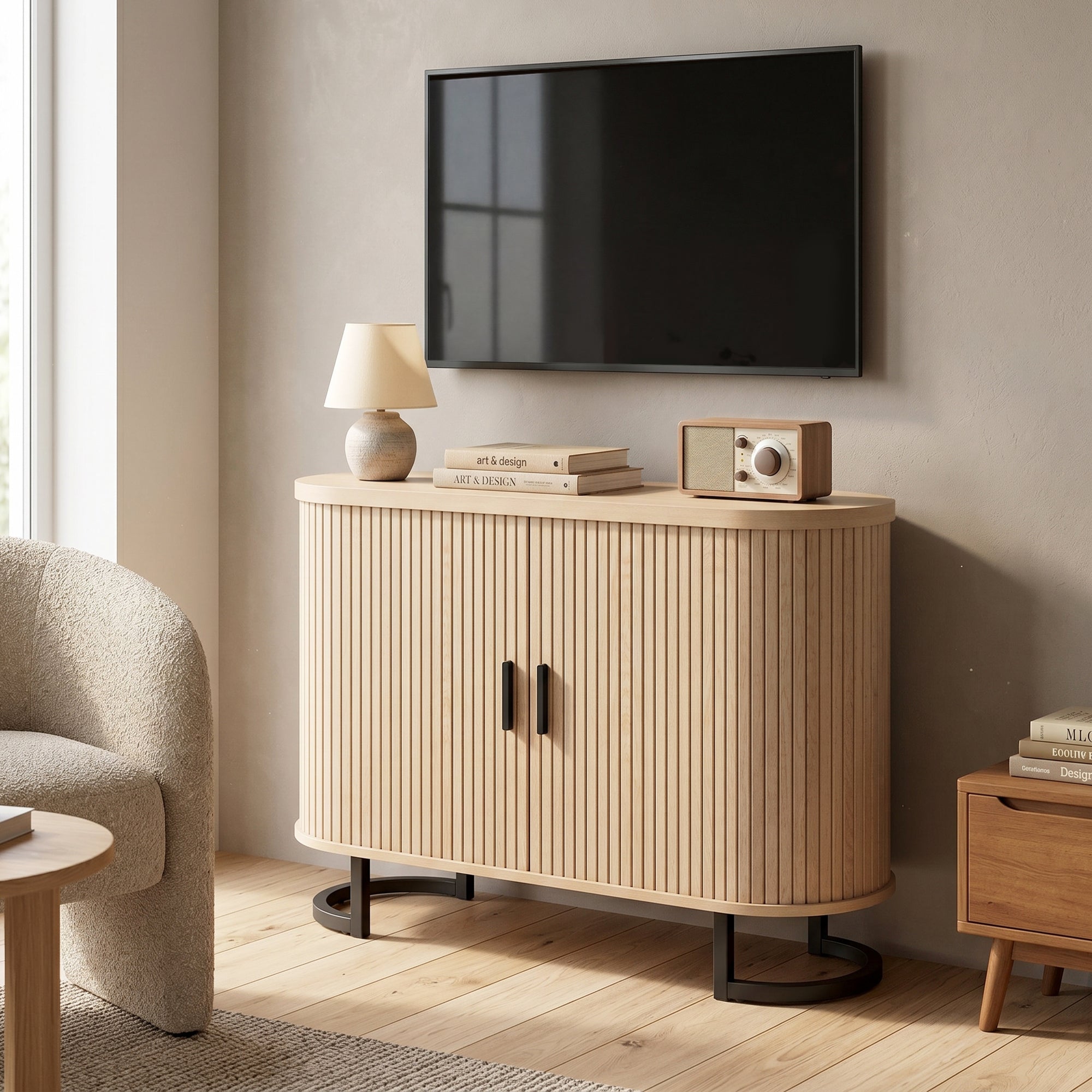 Sideboard Buffet Cabinet with Curved Tambour Doors and Thick Tabletop, 39.4" Coffee Bar Cabinet with Arc Metal Legs, Coffee Bar Station, Natural Wood