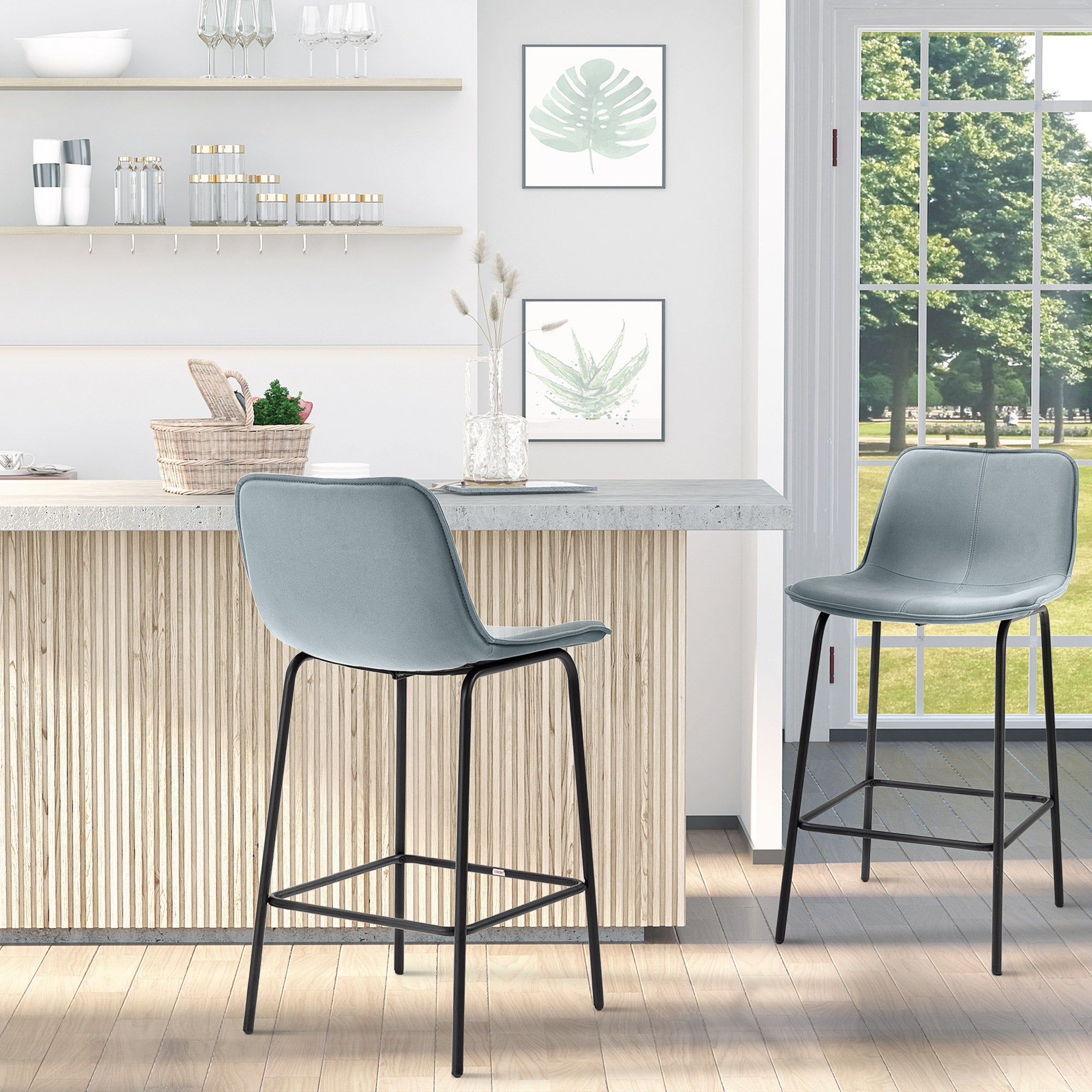 HOMCOM Bar Stools Set of 2, Upholstered Counter Height Bar Chairs, 26" (66 cm) Kitchen Stools with Steel Legs for Dining Area, Kitchen Aisle, Light Grey