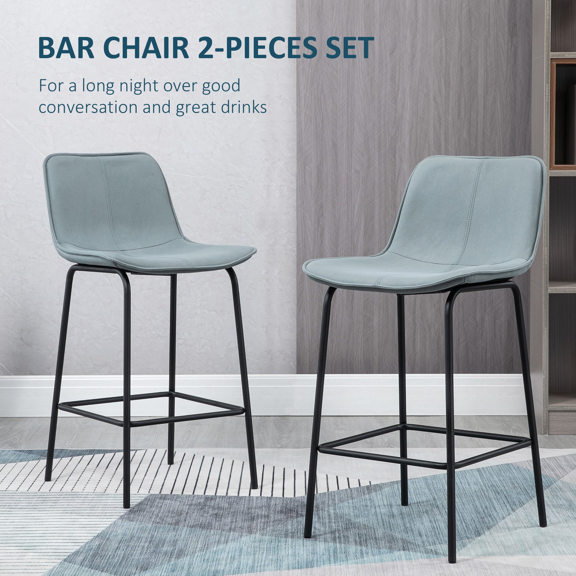 HOMCOM Bar Stools Set of 2, Upholstered Counter Height Bar Chairs, 26" (66 cm) Kitchen Stools with Steel Legs for Dining Area, Kitchen Aisle, Light Grey