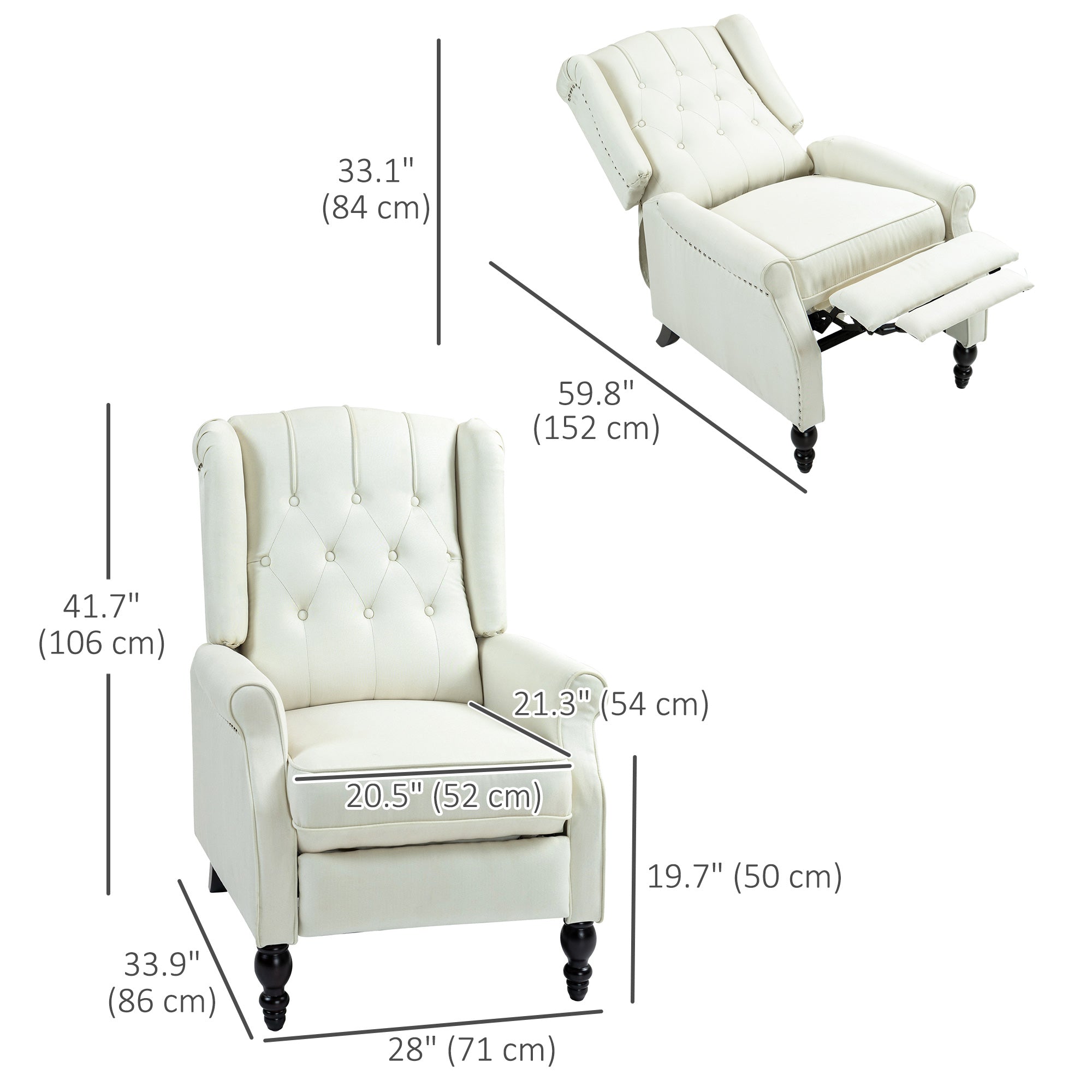 HOMCOM Fabric Recliner Chair for Living Room, Push Back Reclining Chair with Wingback, Button Tufted, Nail Head Trim, Footrest, Cream White