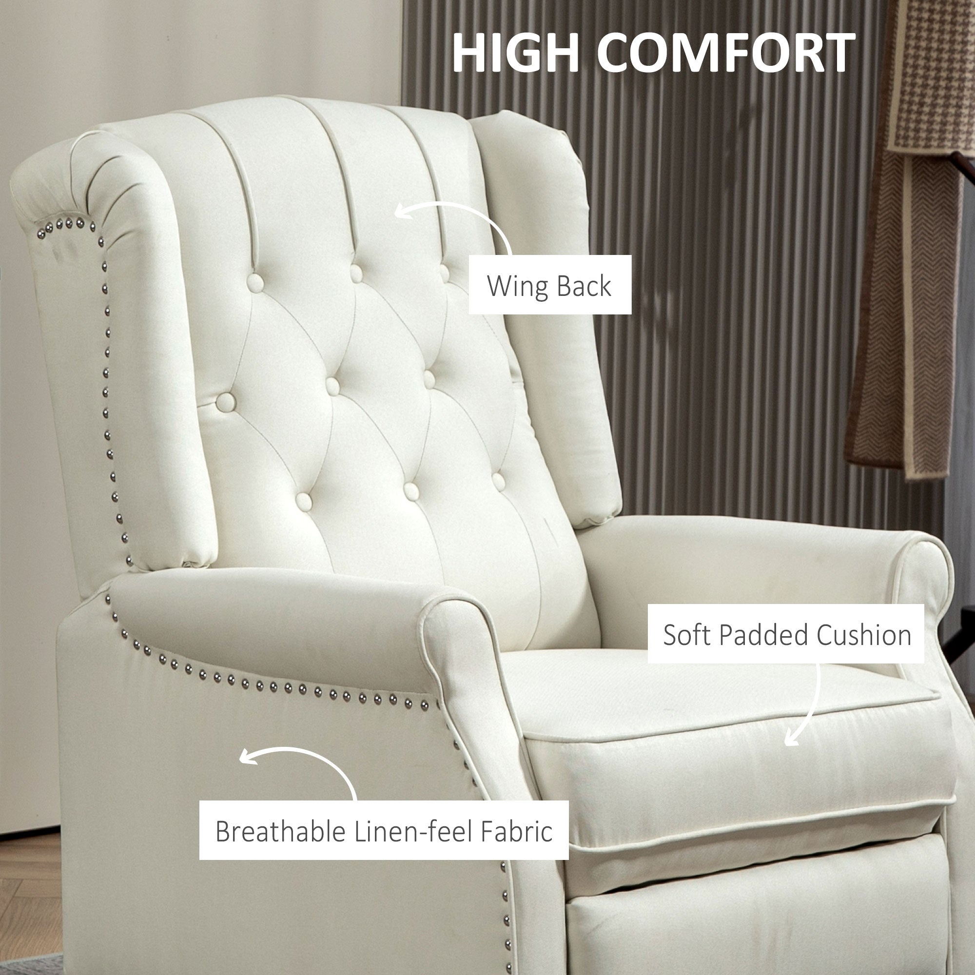 HOMCOM Fabric Recliner Chair for Living Room, Push Back Reclining Chair with Wingback, Button Tufted, Nail Head Trim, Footrest, Cream White