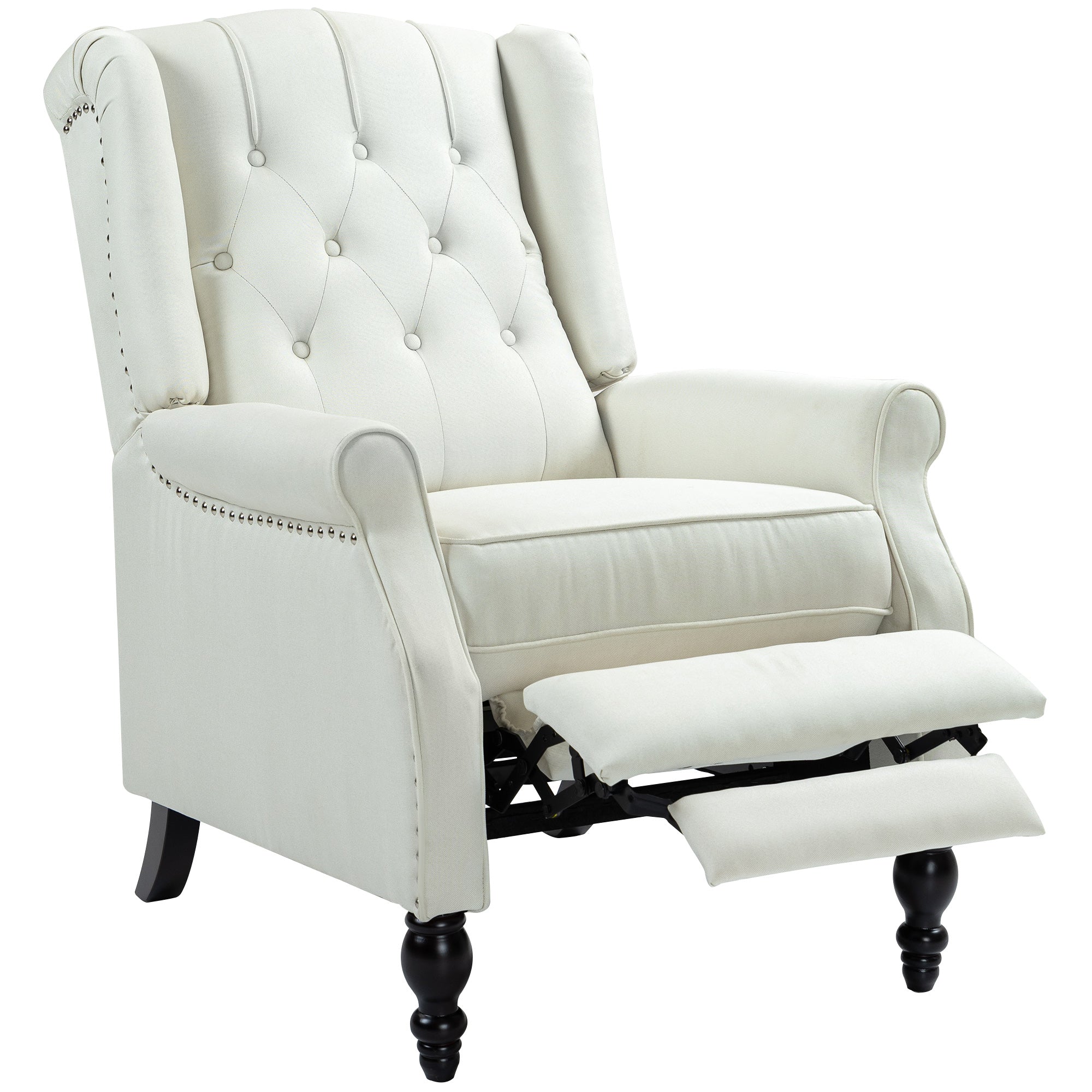 HOMCOM Fabric Recliner Chair for Living Room, Push Back Reclining Chair with Wingback, Button Tufted, Nail Head Trim, Footrest, Cream White