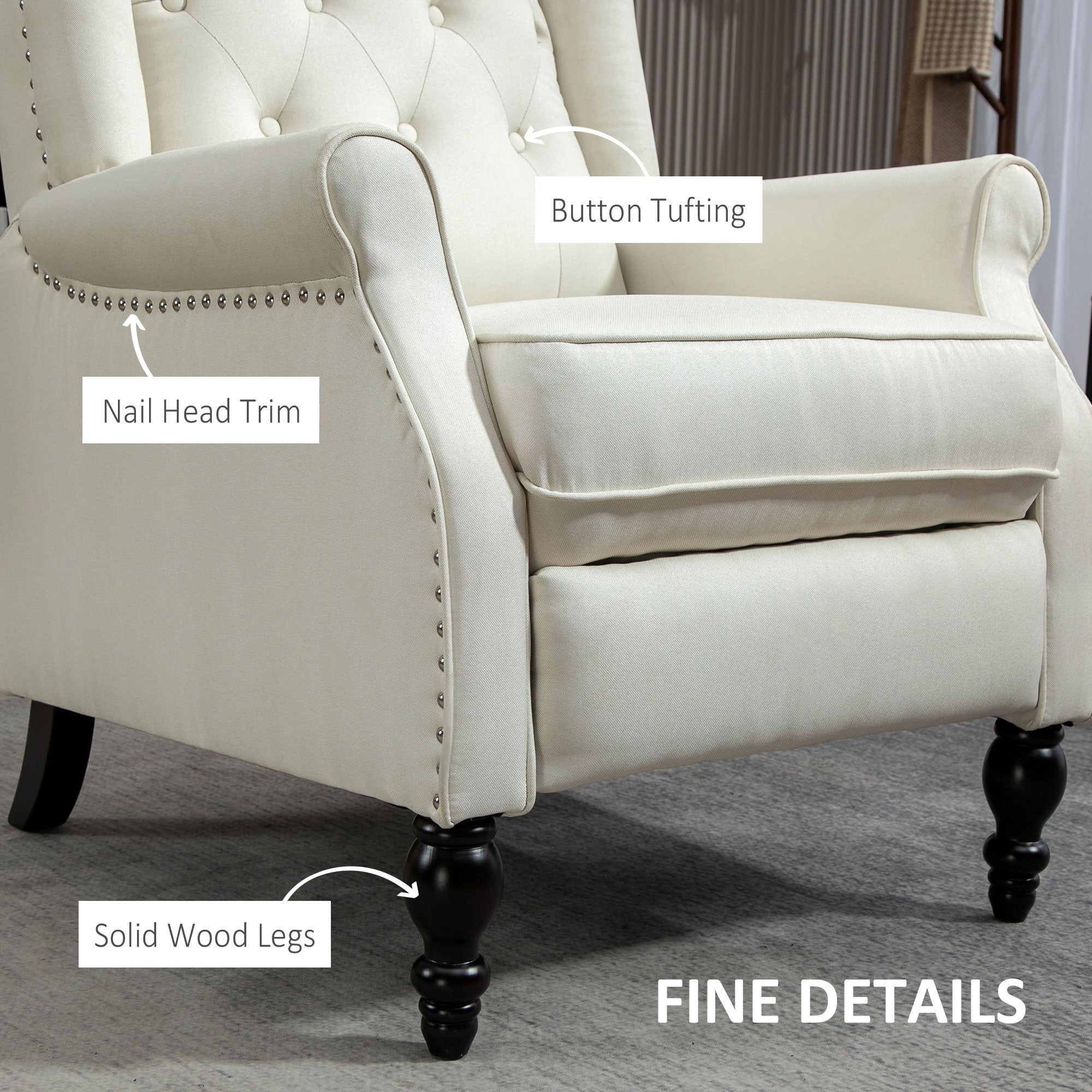 HOMCOM Fabric Recliner Chair for Living Room, Push Back Reclining Chair with Wingback, Button Tufted, Nail Head Trim, Footrest, Cream White