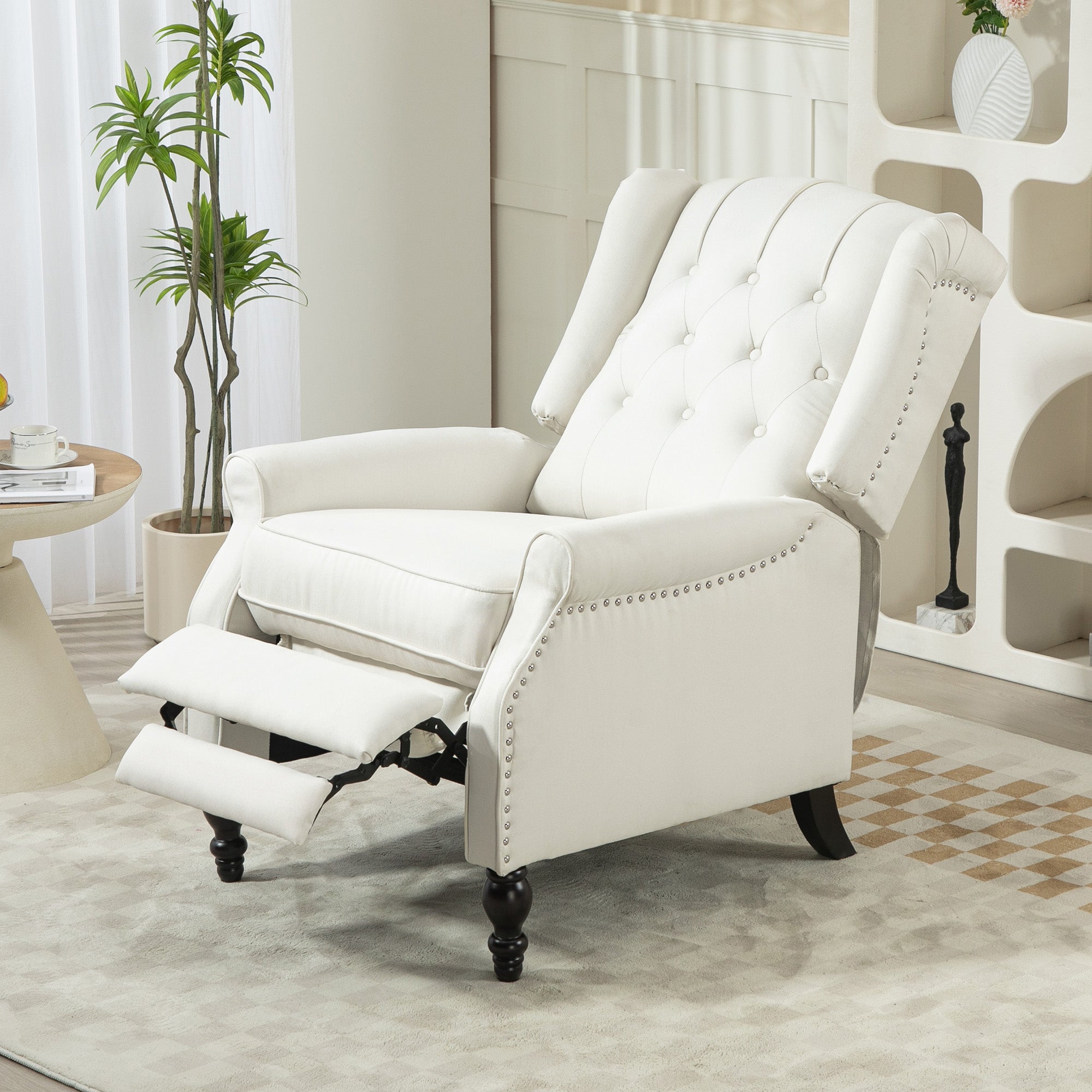 HOMCOM Fabric Recliner Chair for Living Room, Push Back Reclining Chair with Wingback, Button Tufted, Nail Head Trim, Footrest, Cream White