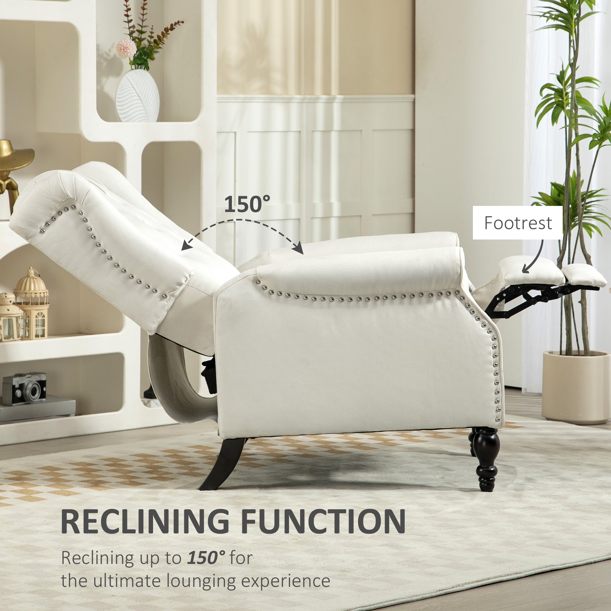 HOMCOM Fabric Recliner Chair for Living Room, Push Back Reclining Chair with Wingback, Button Tufted, Nail Head Trim, Footrest, Cream White