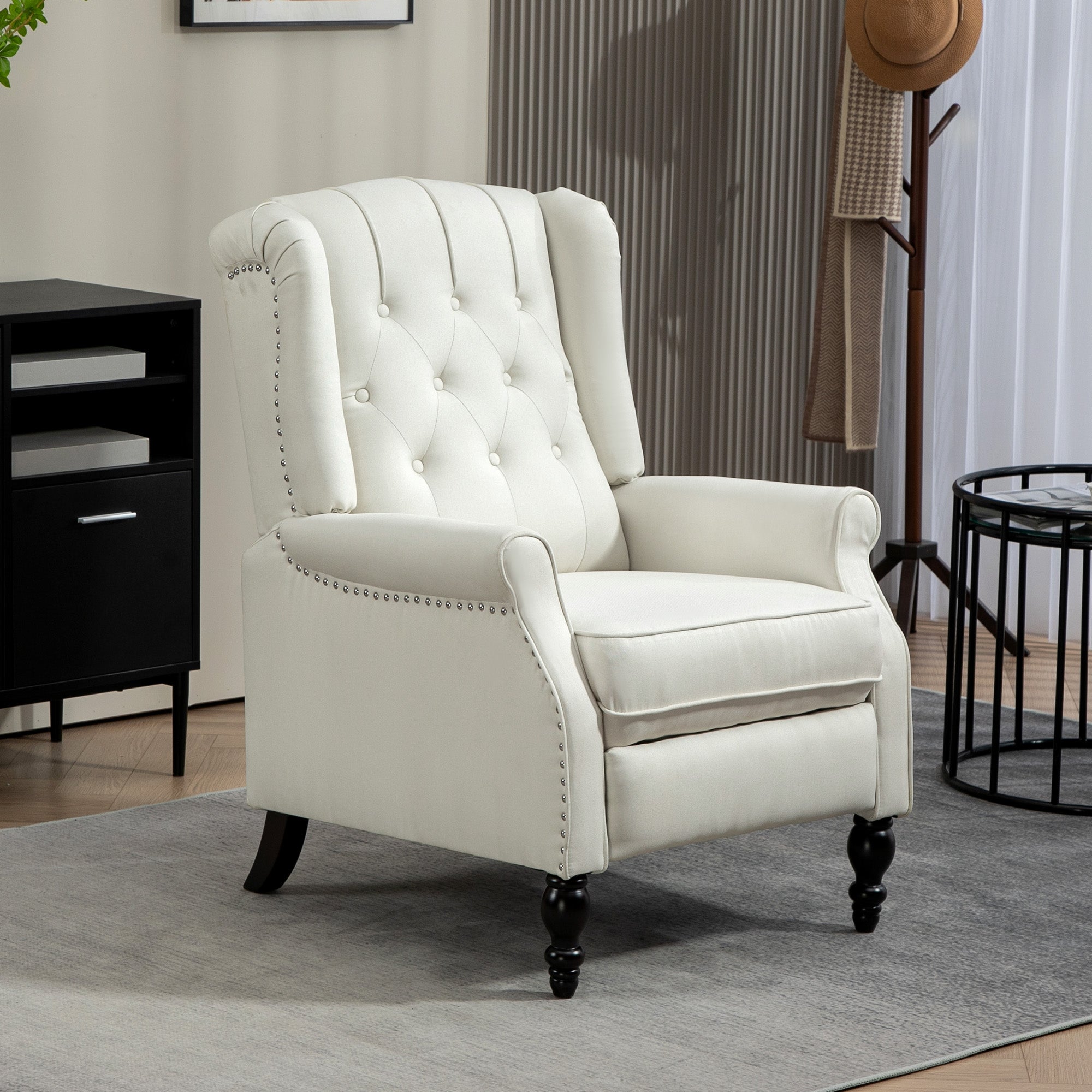 HOMCOM Fabric Recliner Chair for Living Room, Push Back Reclining Chair with Wingback, Button Tufted, Nail Head Trim, Footrest, Cream White