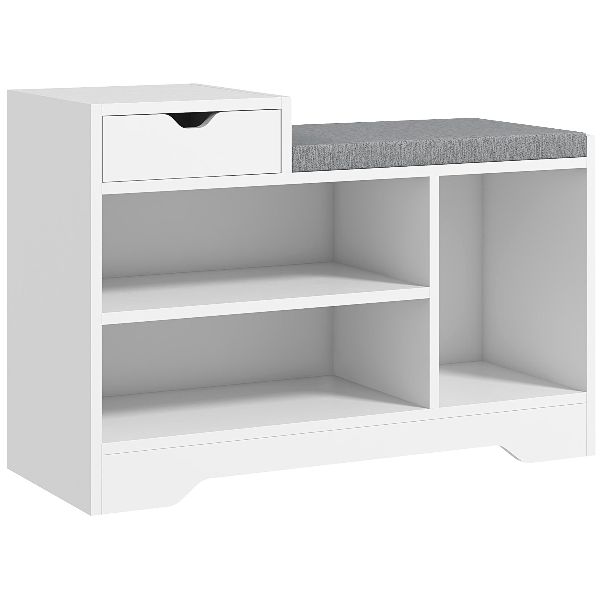 HOMCOM Shoe Bench with Storage, Modern Upholstered Entryway Bench with Shelves, Drawer and Table Top for Living Room, Hallway, White