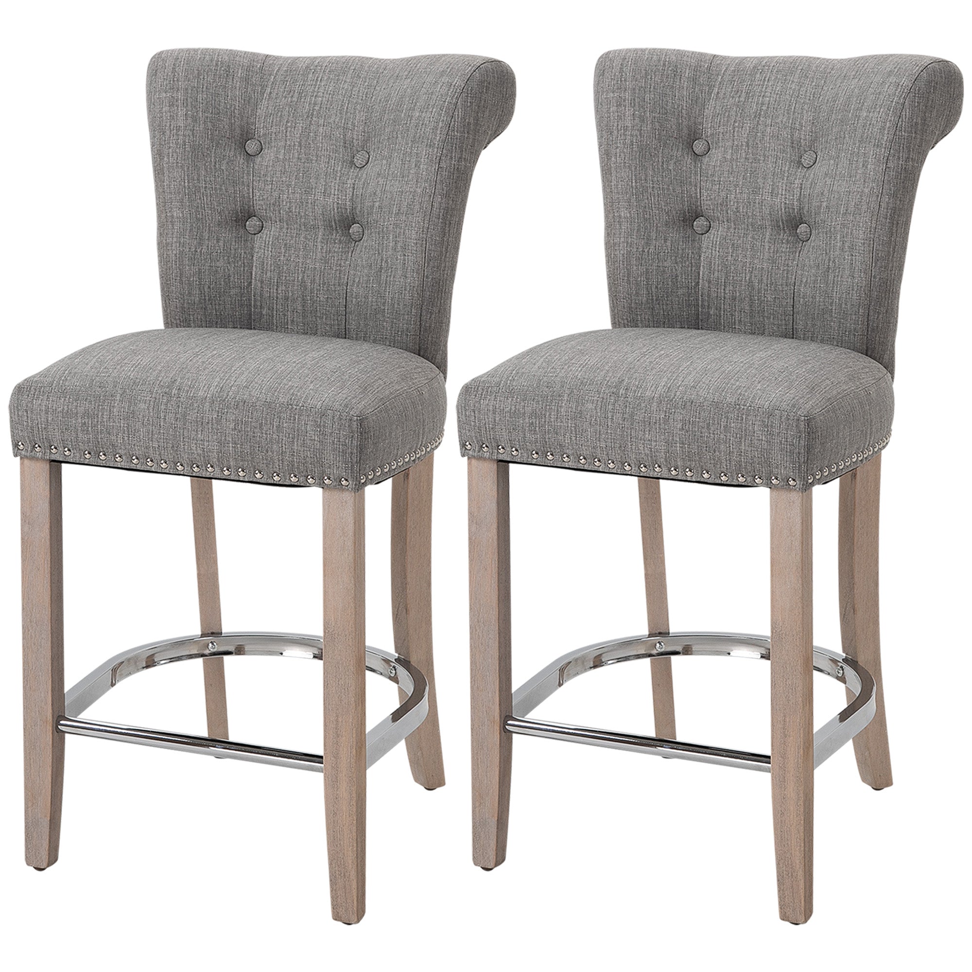 HOMCOM Counter Height Bar Stools Set of 2, Upholstered Bar Chairs with Button Tufted Back, Wood Legs, Footrest, Modern Nailhead Trim Barstools for Kitchen, Dining Room, Grey