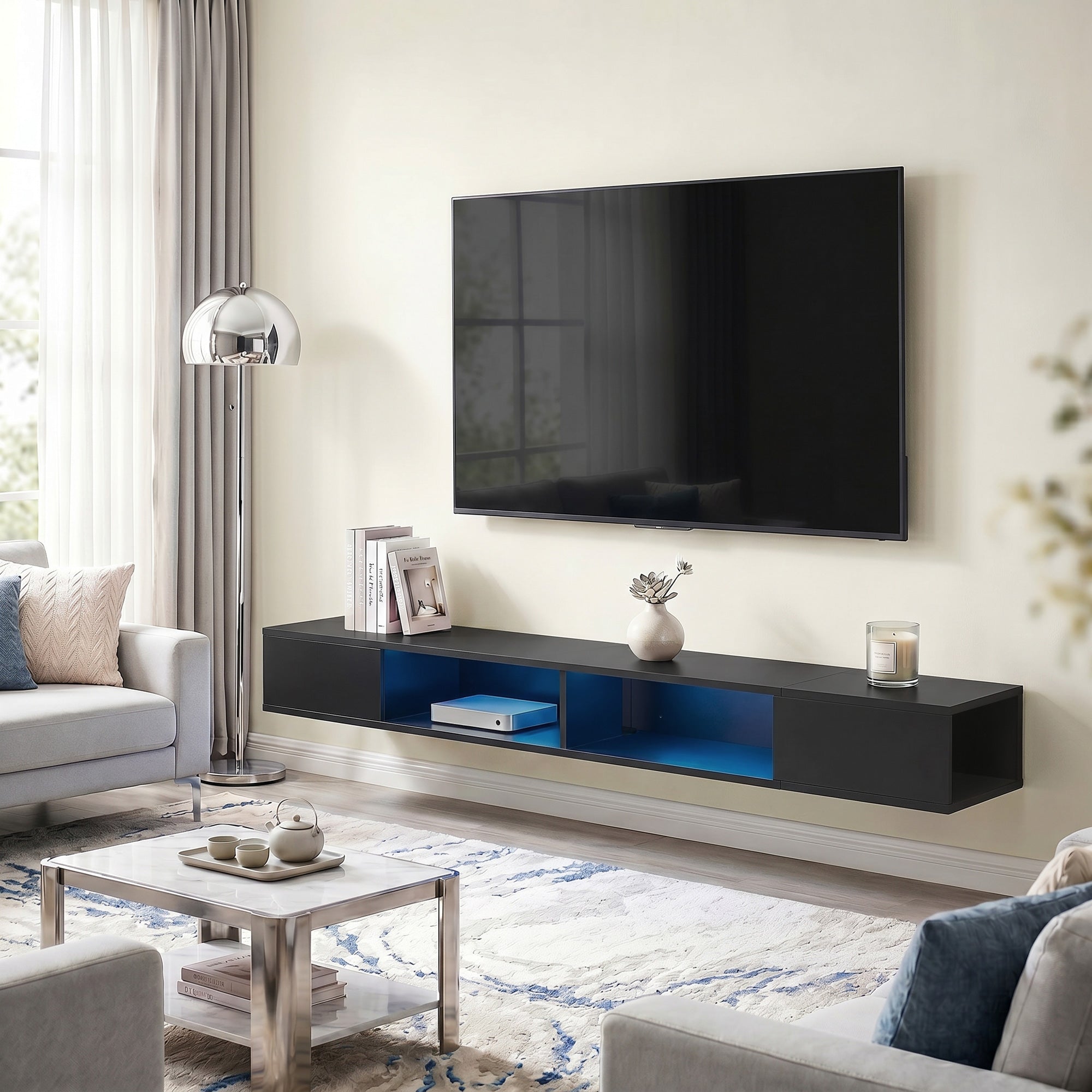 TV Stand for TVs up to 75 Inch, Modern Entertainment Center with RGB LED Lights, USB Powered, Wall-Mounted Media Console Table with 4 Open Storage Shelves for Living Room, Black