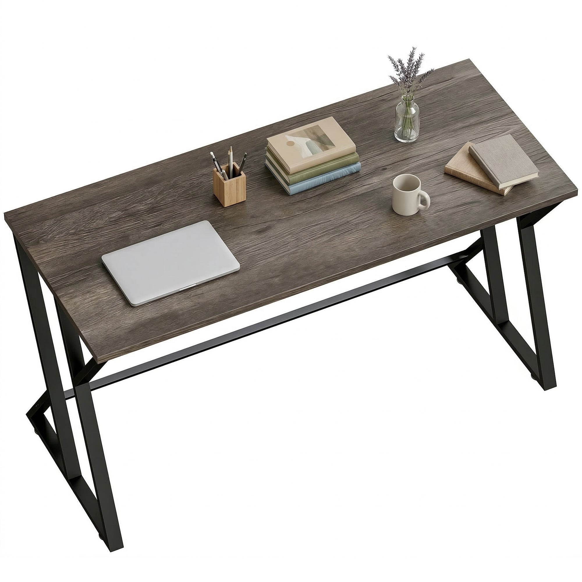 55 Inch Computer Desk, Industrial Writing Desk with Z-Shaped Metal Leg, Study Table for Home Office, Bedroom, Small Spaces, Distressed Gray