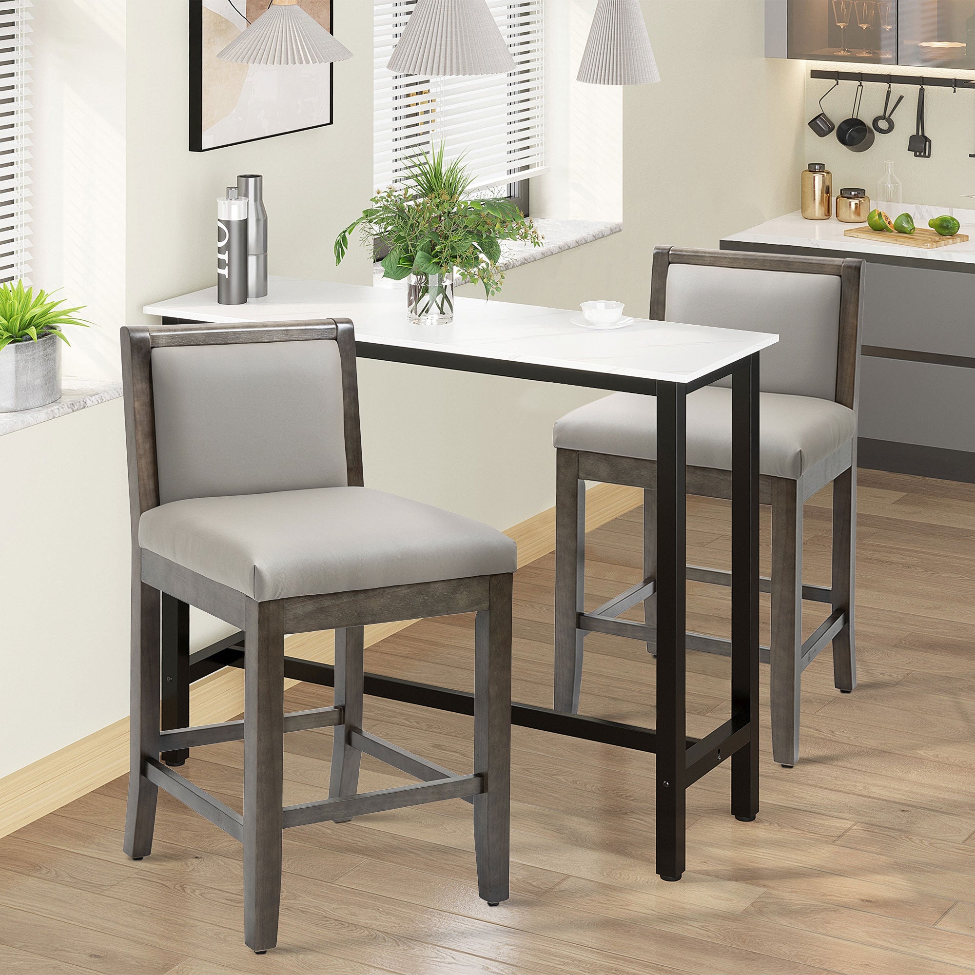 Counter Height Bar Stools Set of 2 Bar Chairs with Wood Legs Grey