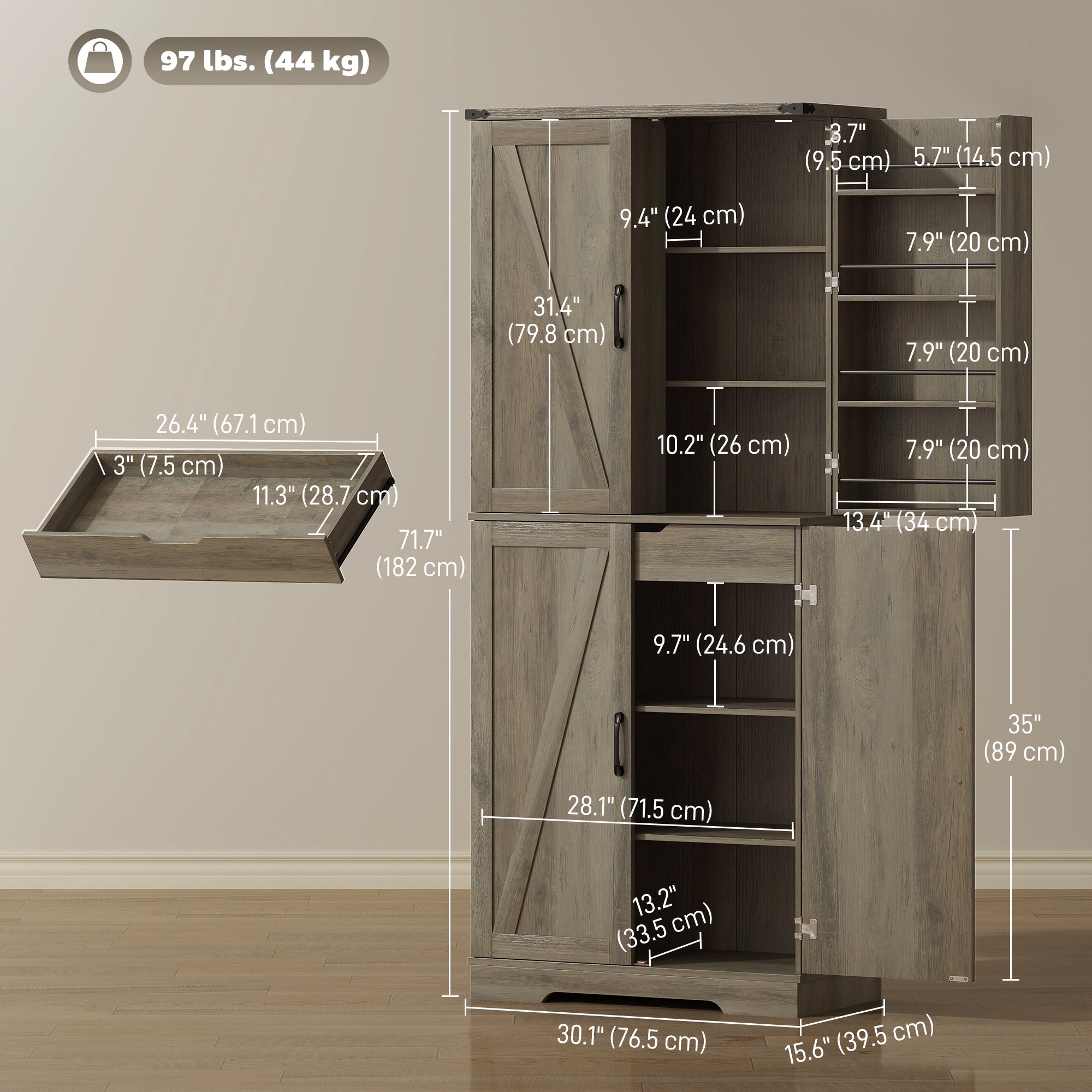 72" Kitchen Pantry Cabinet, Farmhouse Freestanding Tall Kitchen Storage Cabinet with 4 Barn Doors, Hidden Drawer, 8 Door Shelves and Adjustable Shelf, Light Ivory Grey