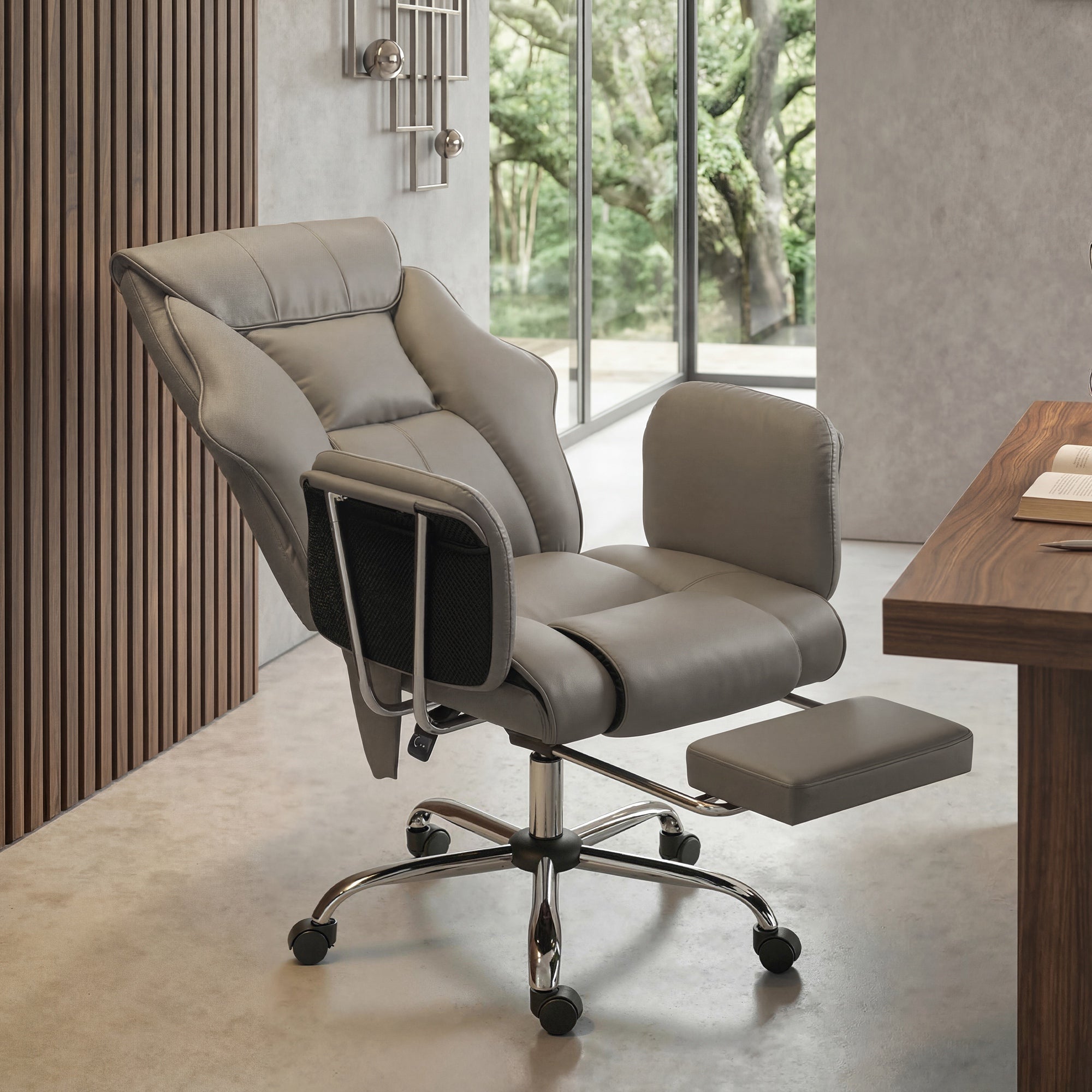 Massage Office Chair with 6-Point Vibration, Overstuffed Reclining Desk Chair with High Back, PU Leather, Footrest, Thick Spring Cushion, Lumbar Support, Adjustable Height, Swivel Wheels, Gray