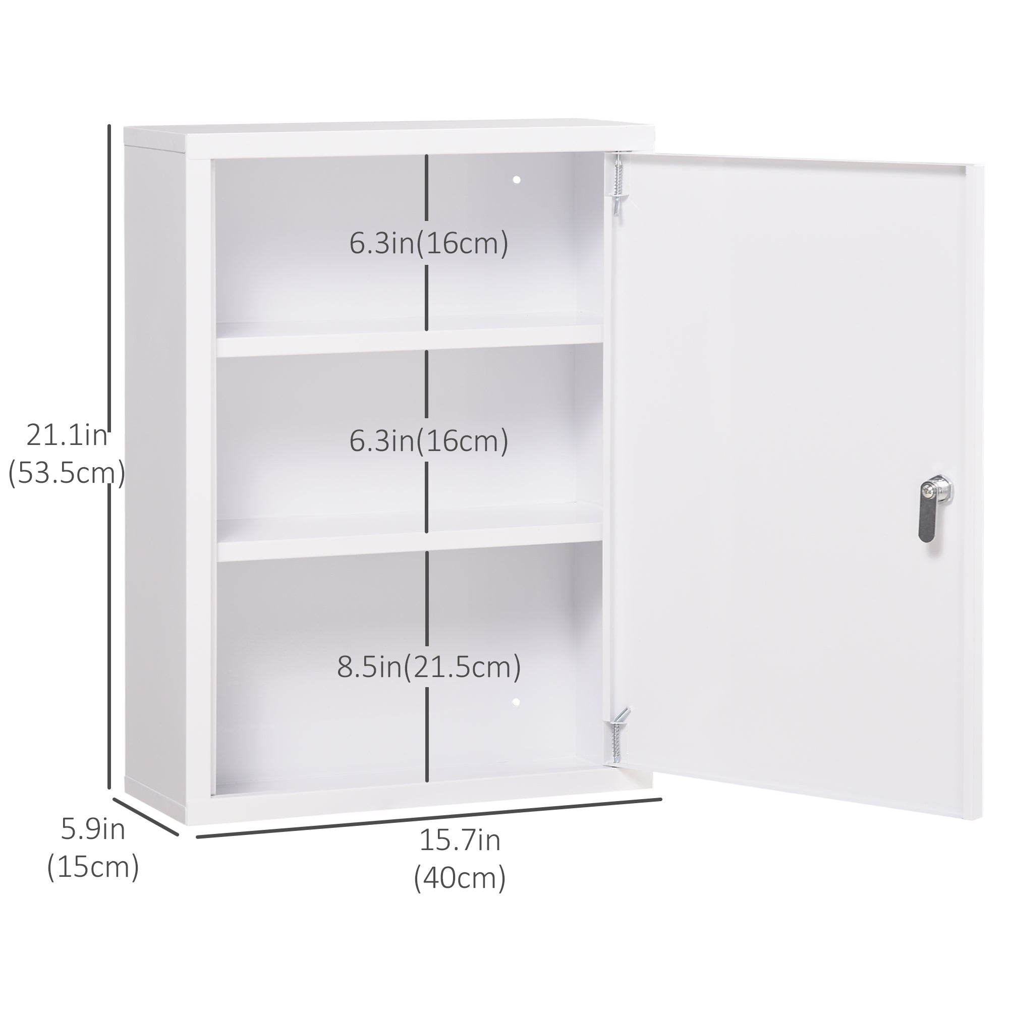 kleankin 16" x 21" Wall Medicine Cabinet with Lock, 3 Tier Steel Locking Wall Cabinet for Bathroom, Kitchen with 2 Keys, White