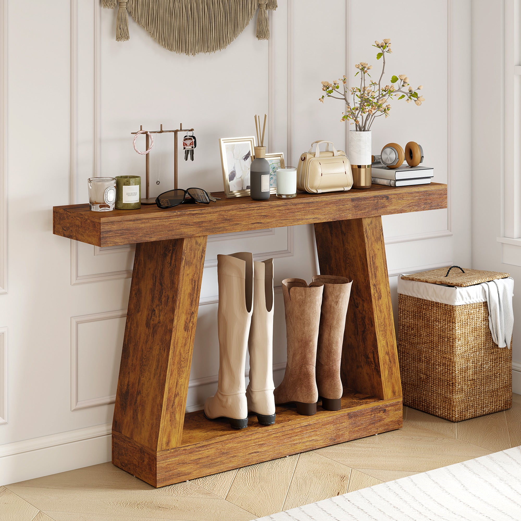 55" Farmhouse Console Table, 2-Tier Entryway Table with Storage and Thickened Tabletop for Hallway, Living Room, Entrance, Behind Couch, Dark Brown