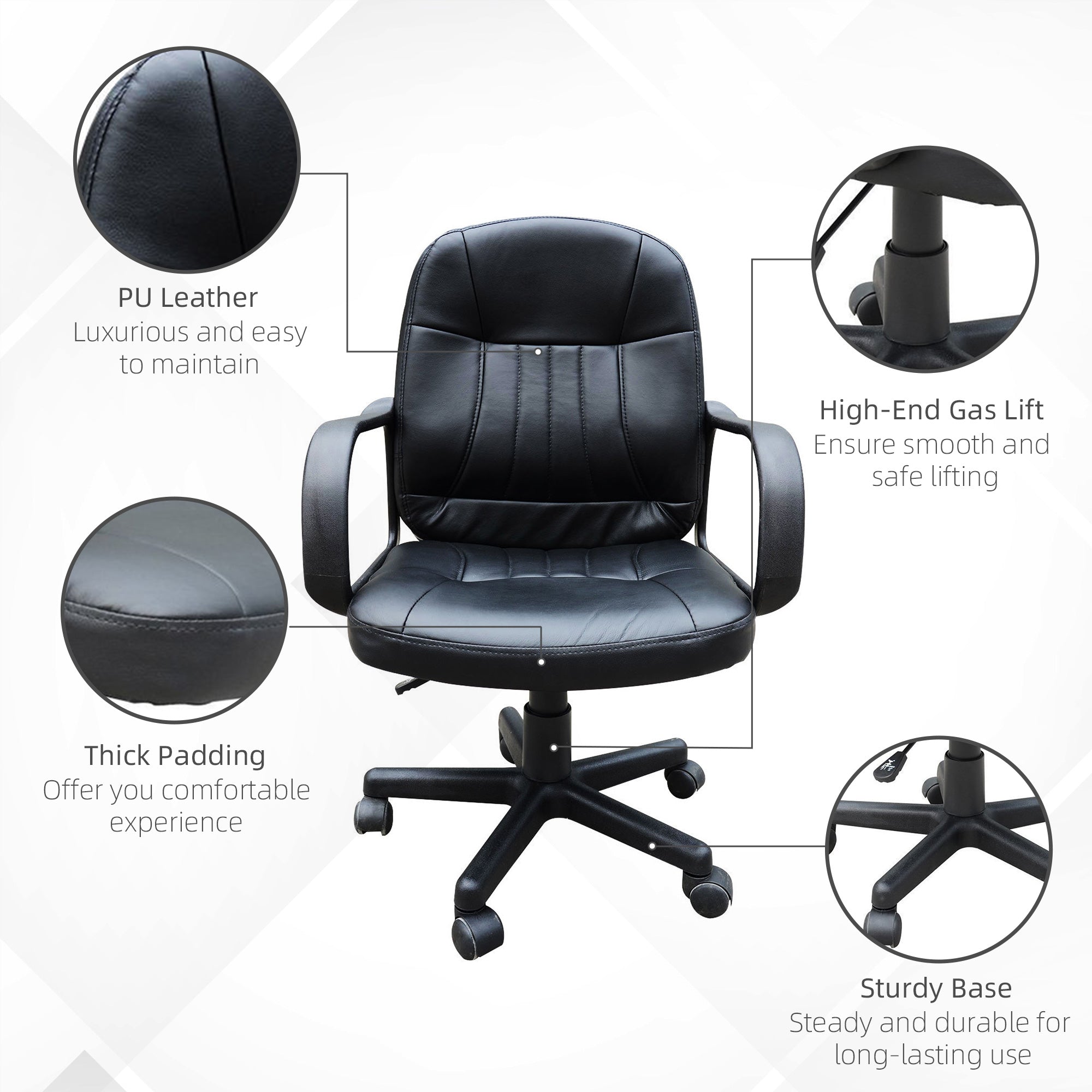 HOMCOM Desk Office Chair PU Leather Mid-Back Swivel Computer PC Adjustable Height Black