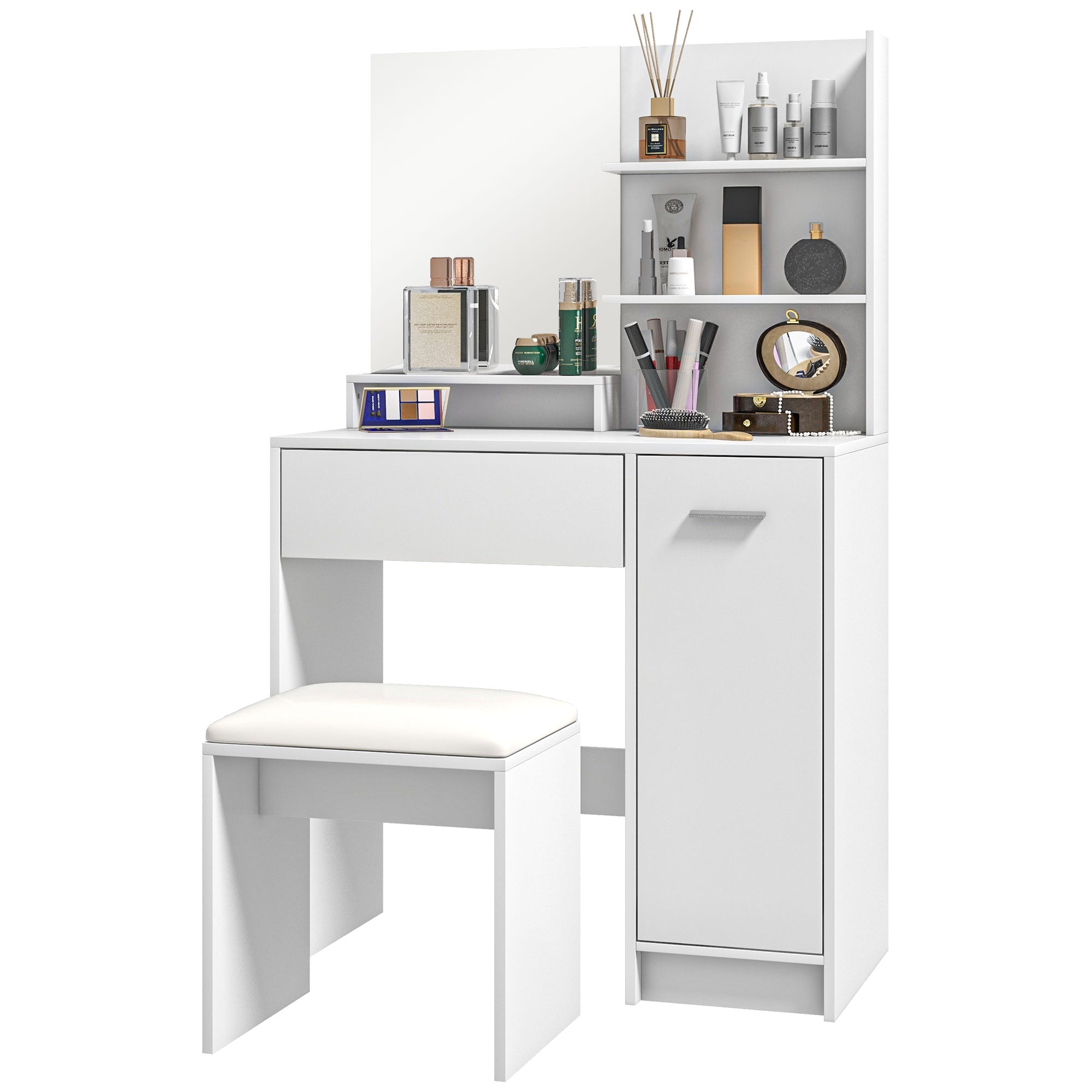 HOMCOM Dressing Table with Mirror and Stool, Vanity Table, Modern Makeup Desk with Drawer, Storage Cabinet and Adjustable Shelf for Bedroom, White