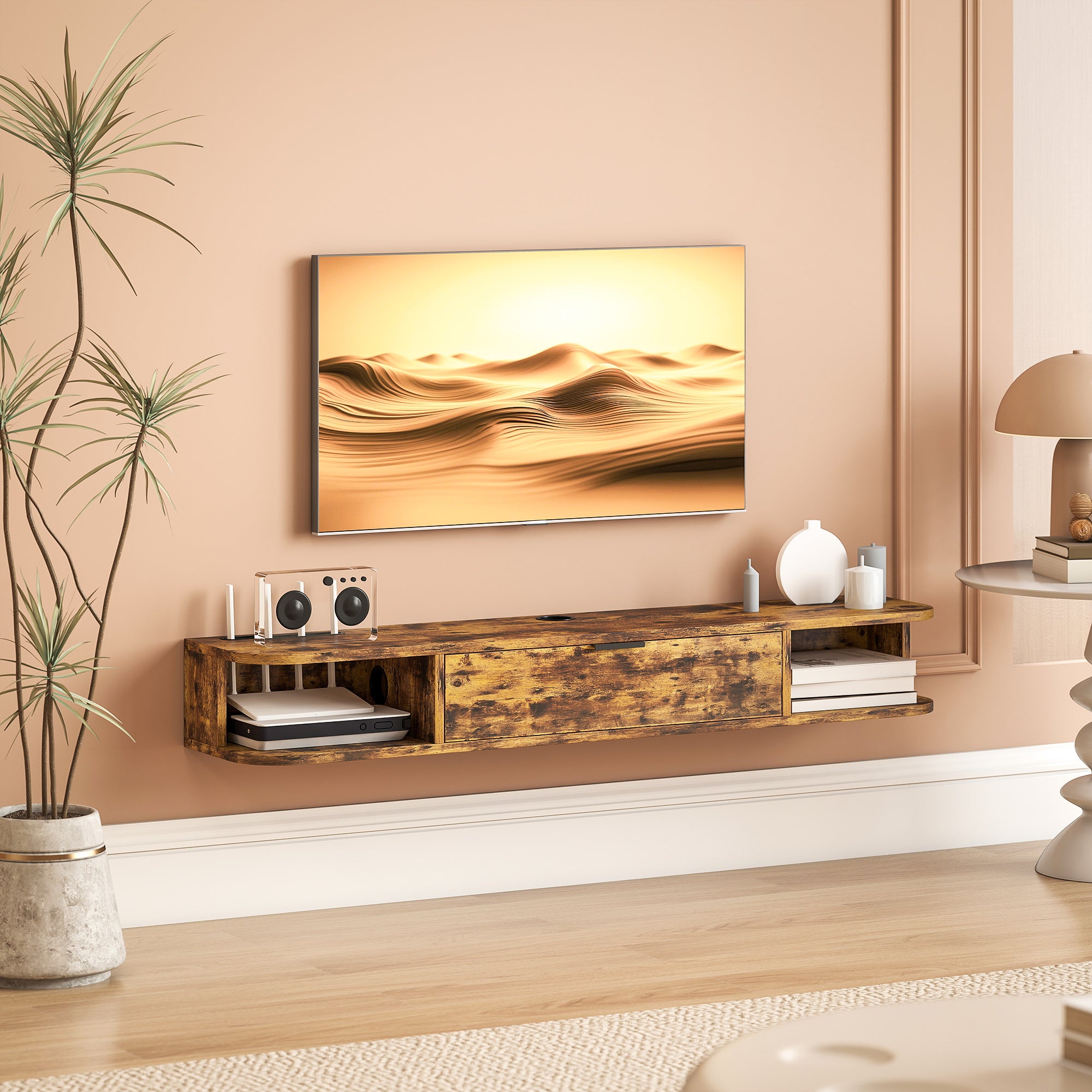 120 cm Floating TV Unit, Wall Mounted TV Stand Cabinet with Flip Drawer, 2 Open Shelves and Cable Management, Modern Media Console for Living Room, Holds Television up to 50 Inch, Rustic Brown