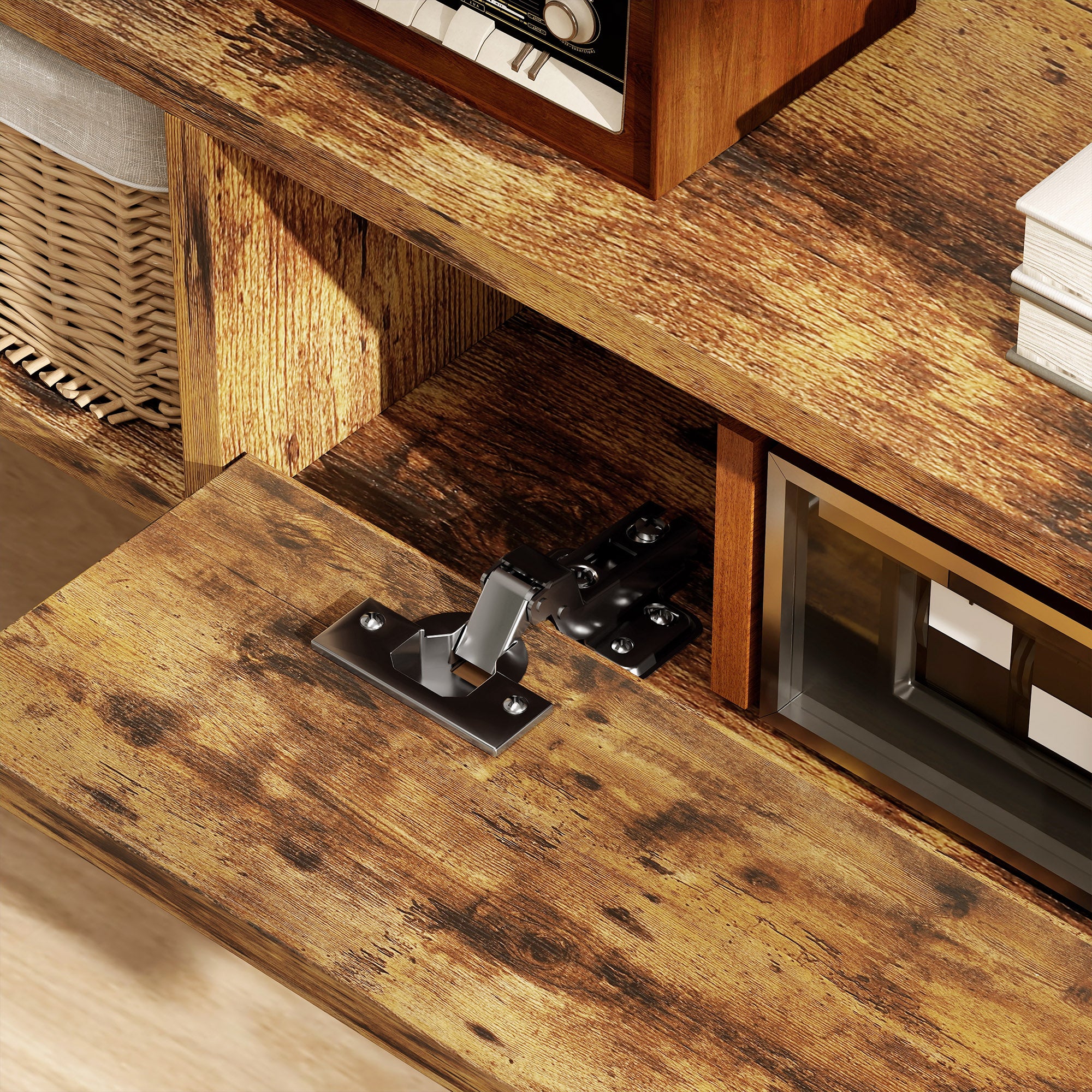 120 cm Floating TV Unit, Wall Mounted TV Stand Cabinet with Flip Drawer, 2 Open Shelves and Cable Management, Modern Media Console for Living Room, Holds Television up to 50 Inch, Rustic Brown