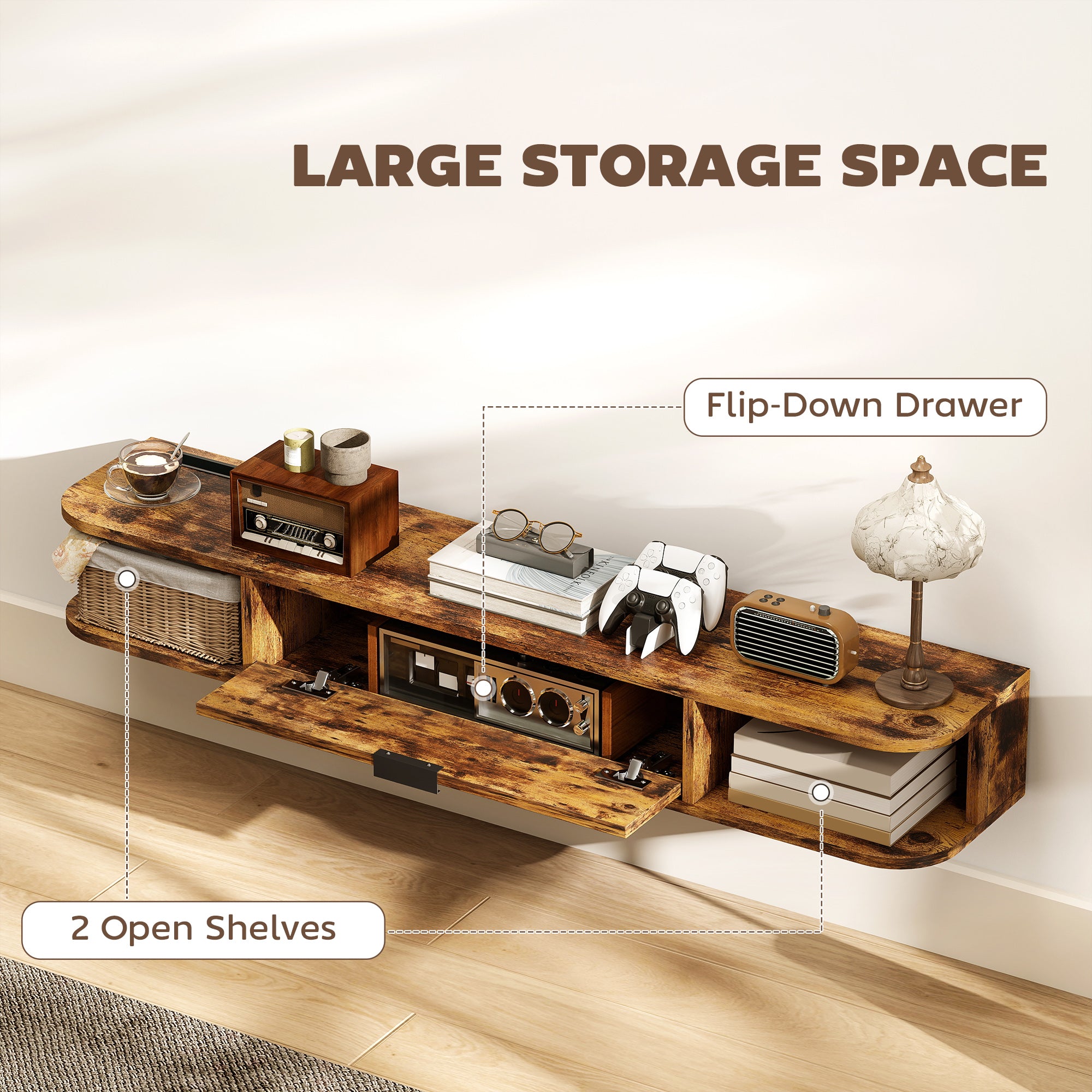 120 cm Floating TV Unit, Wall Mounted TV Stand Cabinet with Flip Drawer, 2 Open Shelves and Cable Management, Modern Media Console for Living Room, Holds Television up to 50 Inch, Rustic Brown