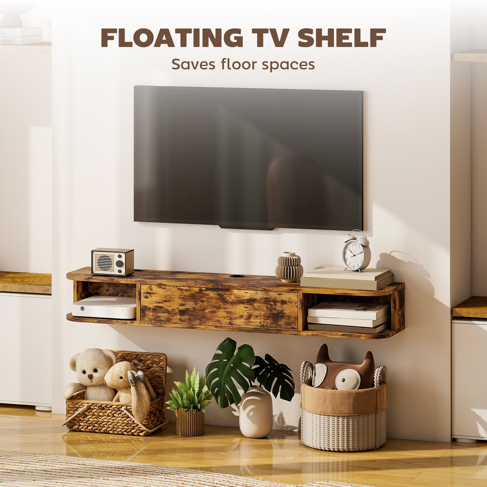 120 cm Floating TV Unit, Wall Mounted TV Stand Cabinet with Flip Drawer, 2 Open Shelves and Cable Management, Modern Media Console for Living Room, Holds Television up to 50 Inch, Rustic Brown