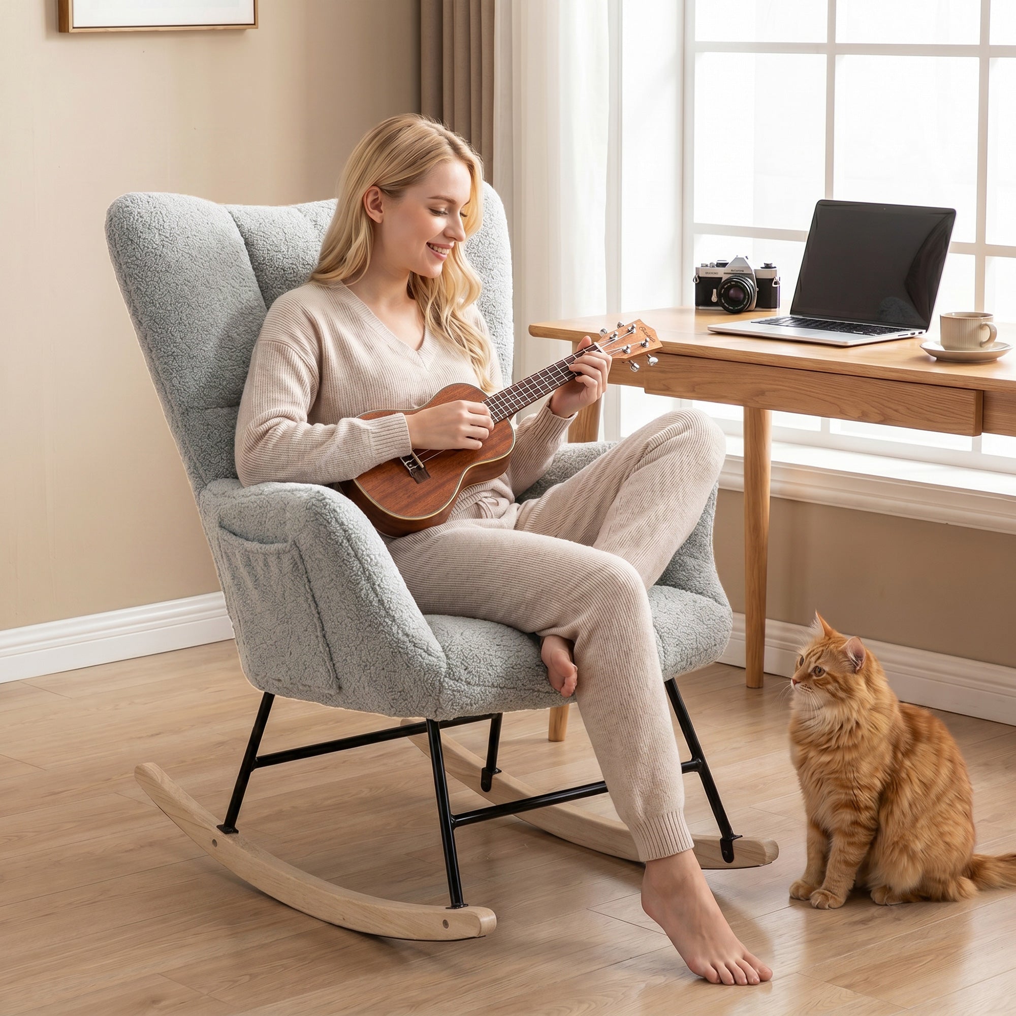 Rocking Chair with Side Pockets, Wingback Tufted Rocker Chair with Teddy Fleece Upholstered, Rubber Wood Legs for Living Room, Bedroom, Light Grey