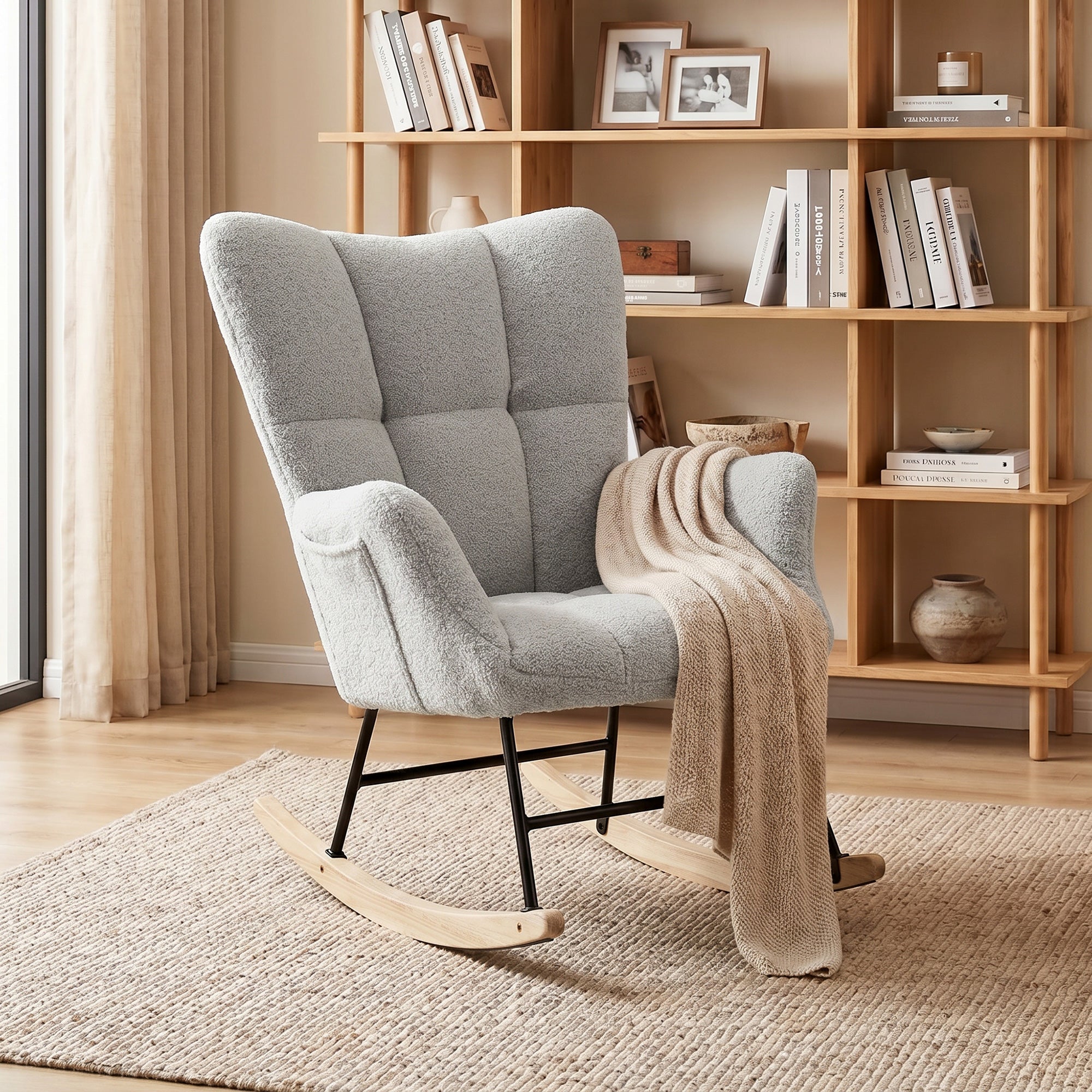 Rocking Chair with Side Pockets, Wingback Tufted Rocker Chair with Teddy Fleece Upholstered, Rubber Wood Legs for Living Room, Bedroom, Light Grey