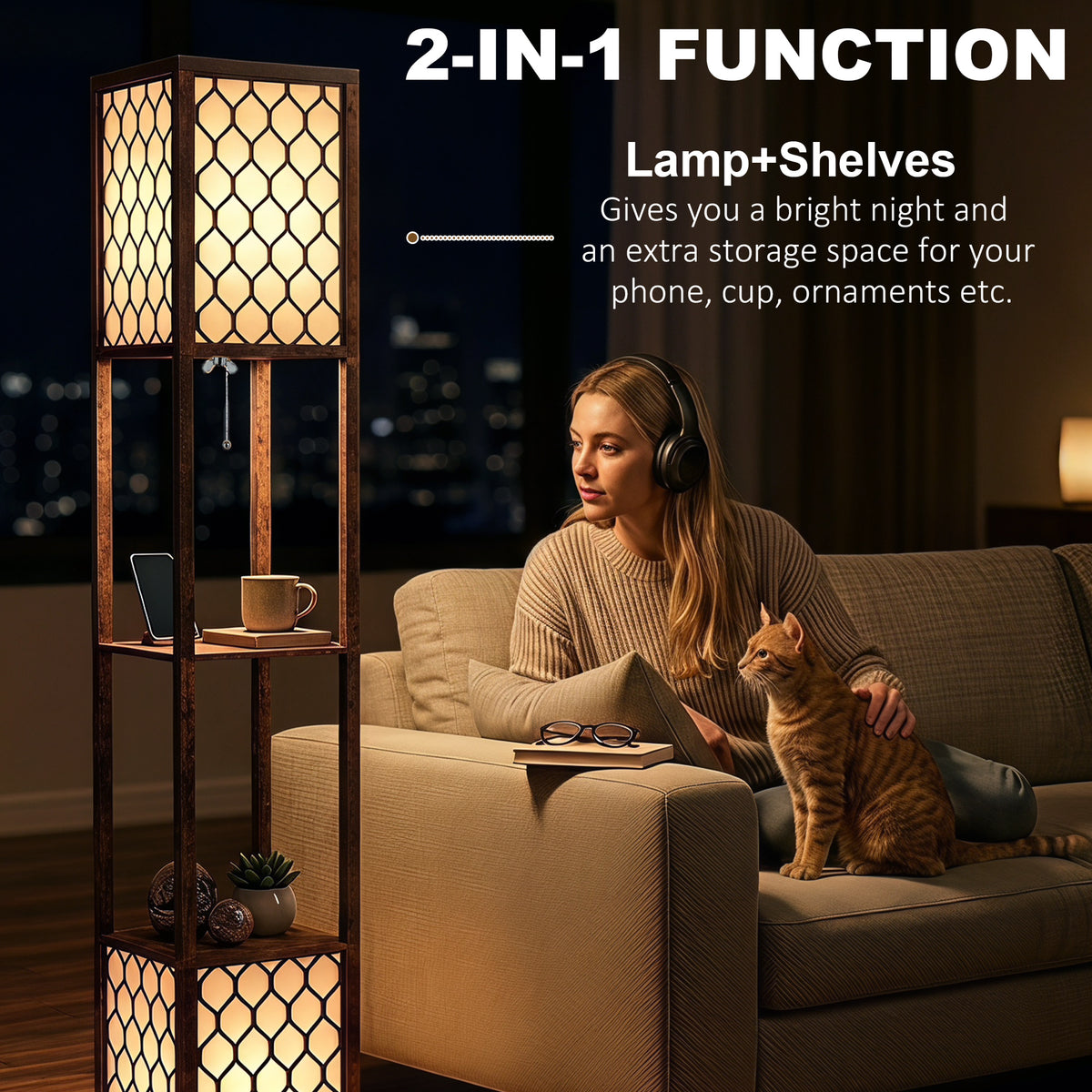 Floor Lamp with Shelves, Modern Tall Standing Lamp with Fabric Lampshades, Zipper Switch and Dual Light for Living Room and Bedroom, Bulbs Not Included, Rustic Brown