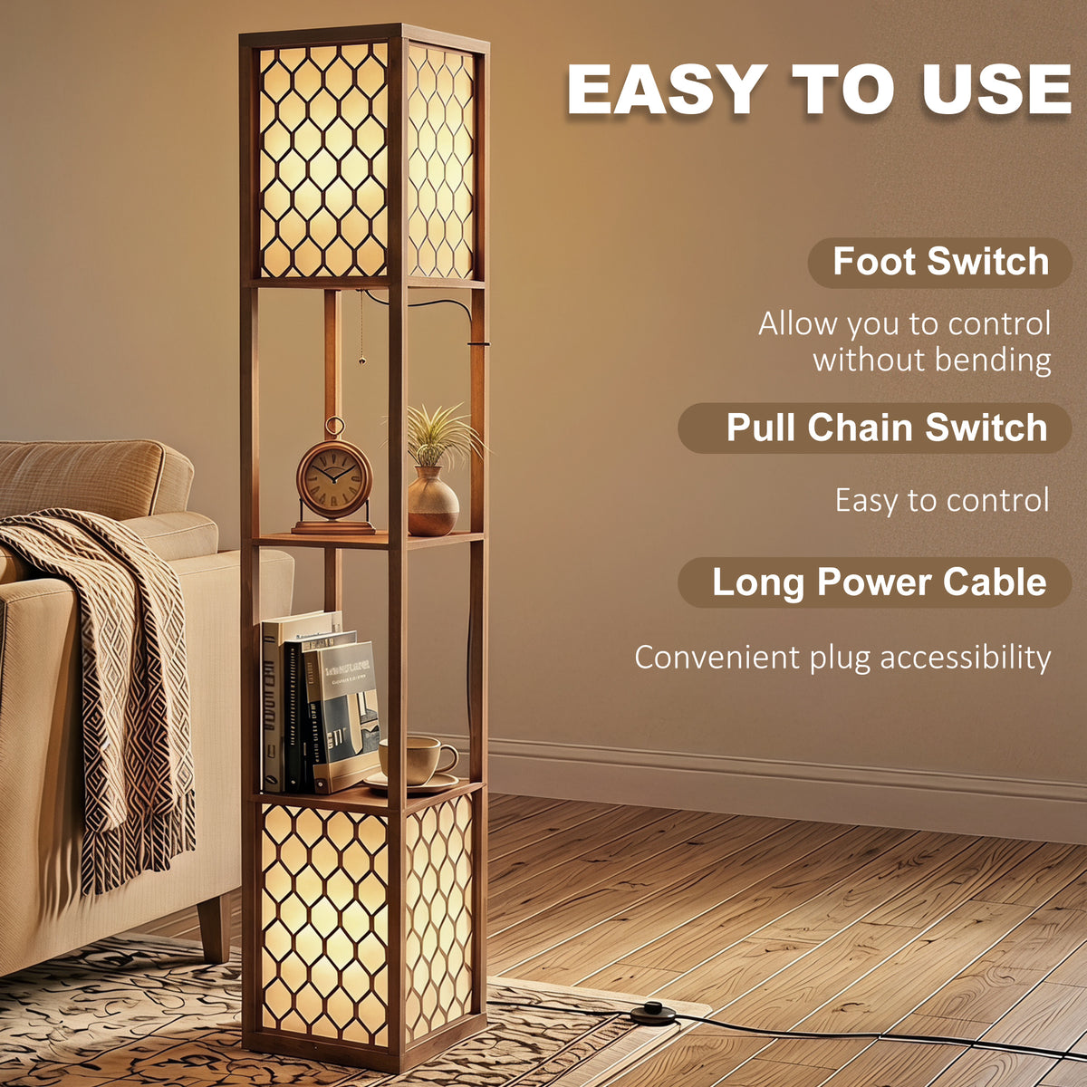 Floor Lamp with Shelves, Modern Tall Standing Lamp with Fabric Lampshades, Zipper Switch and Dual Light for Living Room and Bedroom, Bulbs Not Included, Rustic Brown