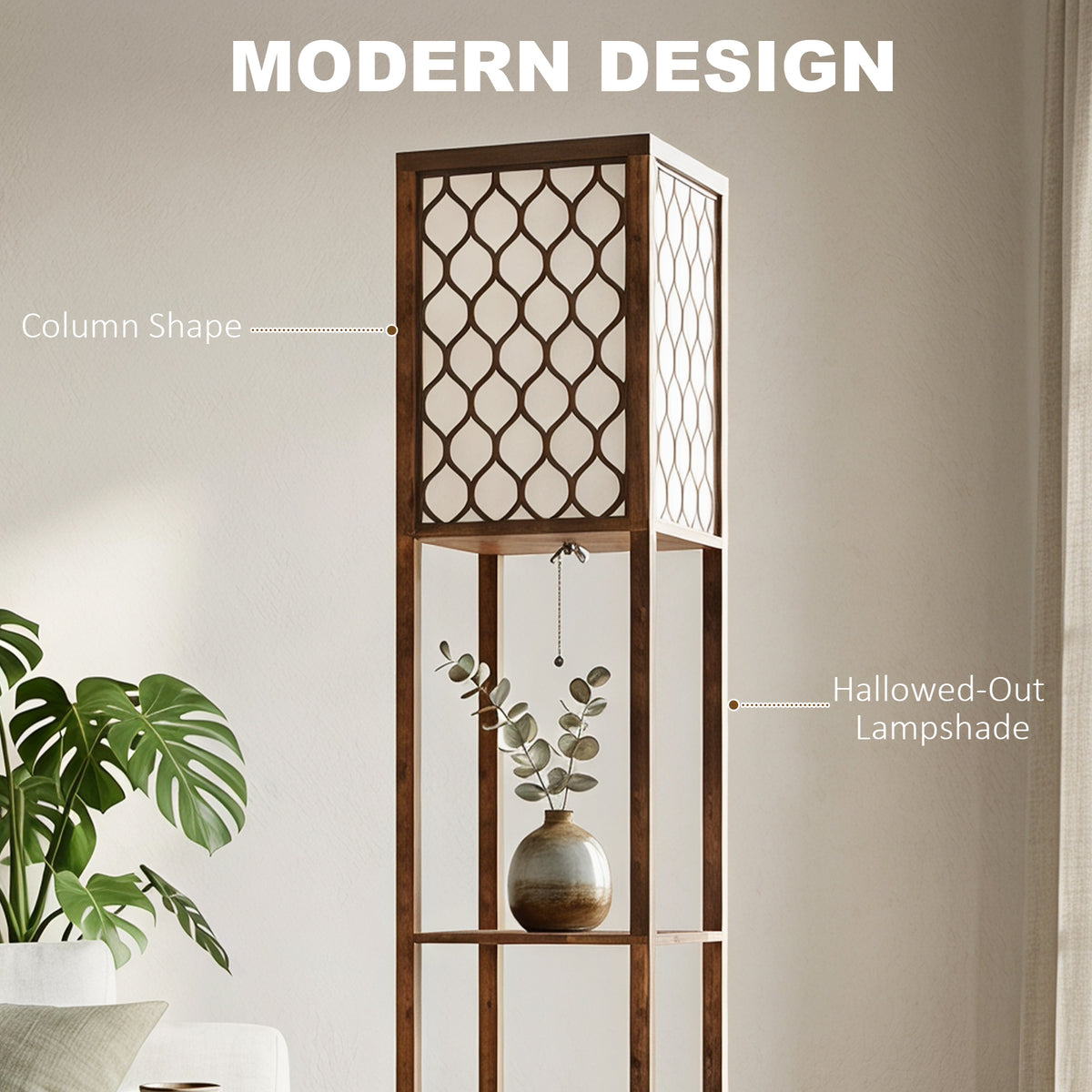 Floor Lamp with Shelves, Modern Tall Standing Lamp with Fabric Lampshades, Zipper Switch and Dual Light for Living Room and Bedroom, Bulbs Not Included, Rustic Brown