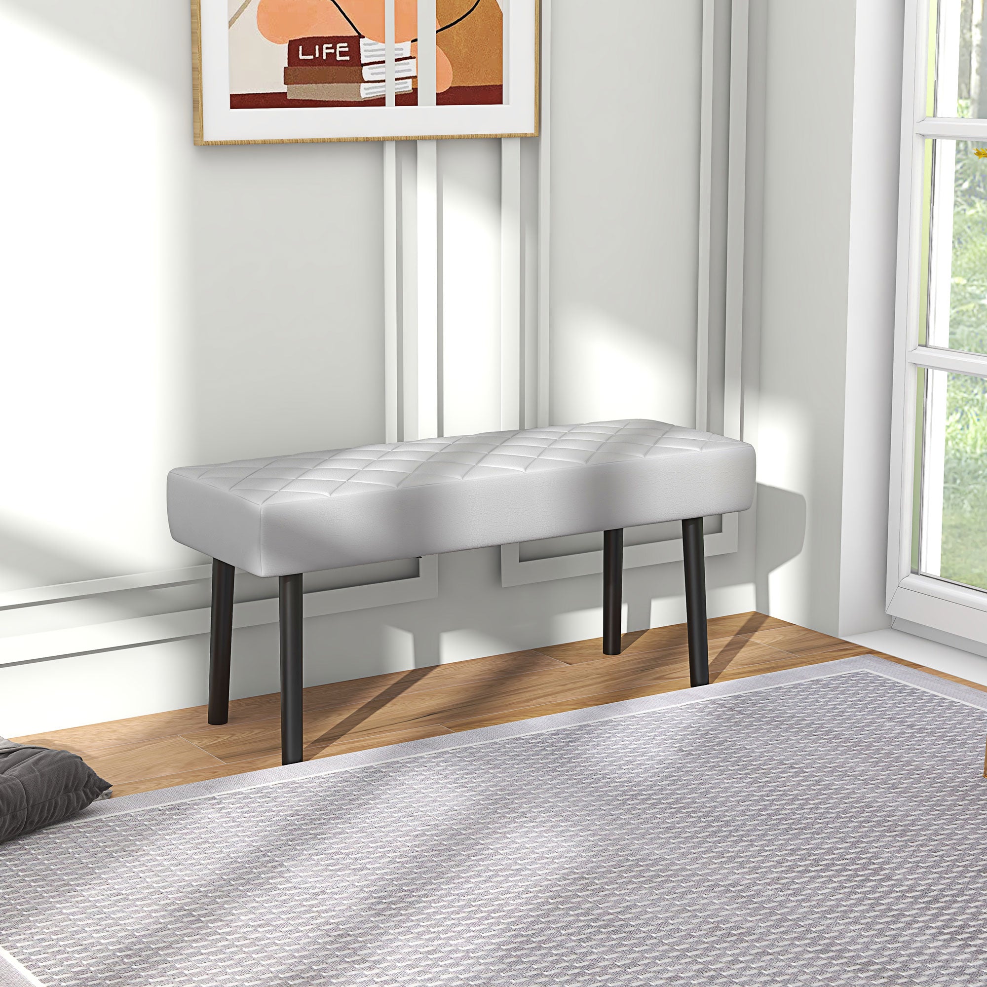 End of Bed Ottoman Bench, 39.4" Faux Leather Upholstered Entryway Bench with Metal Legs and Padded Seat, Gray