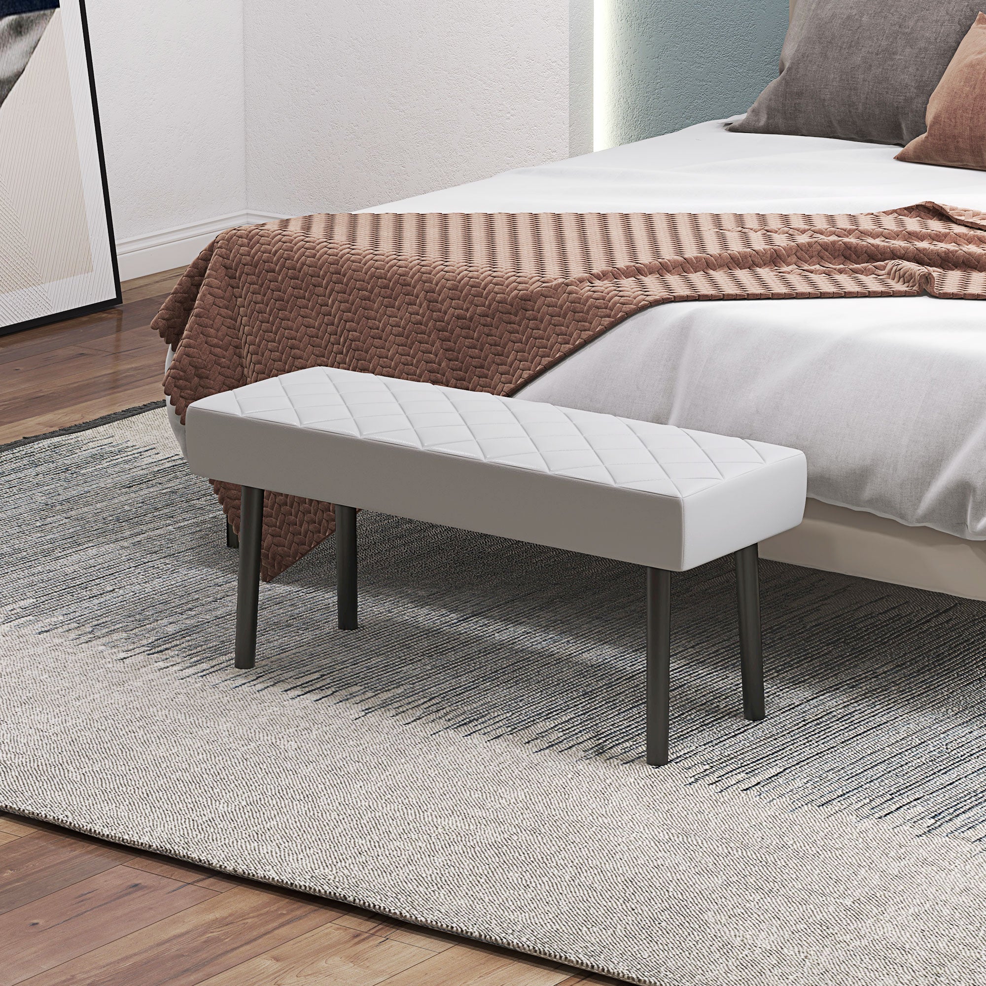 End of Bed Ottoman Bench, 39.4" Faux Leather Upholstered Entryway Bench with Metal Legs and Padded Seat, Gray