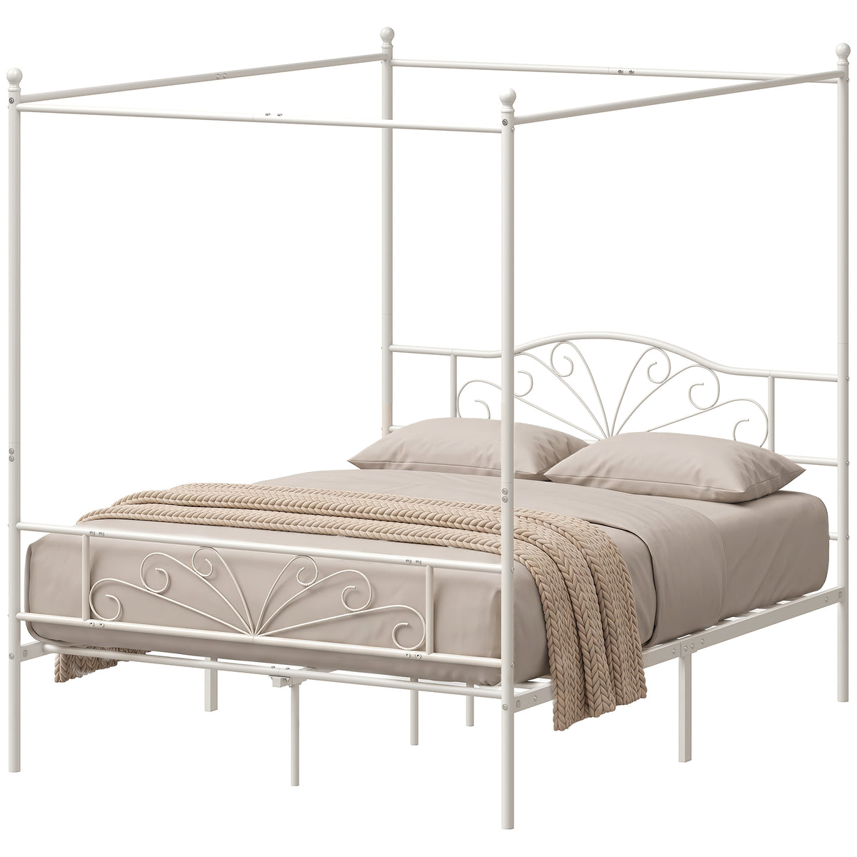 Canopy Bed Frame King Size, Metal Platform Bed Frame with Headboard and Footboard, Underbed Storage, Heavy Duty Steel Slats Support Mattress Foundation, No Box Spring Needed, White