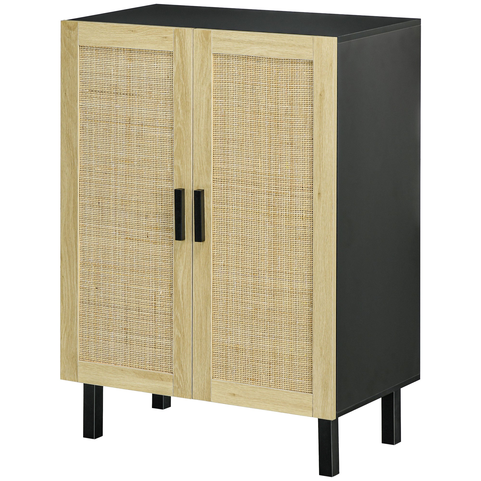 Boho Kitchen Cabinet Buffet Cabinet with 2 Rattan Doors and Adjustable Shelves Black and Natural