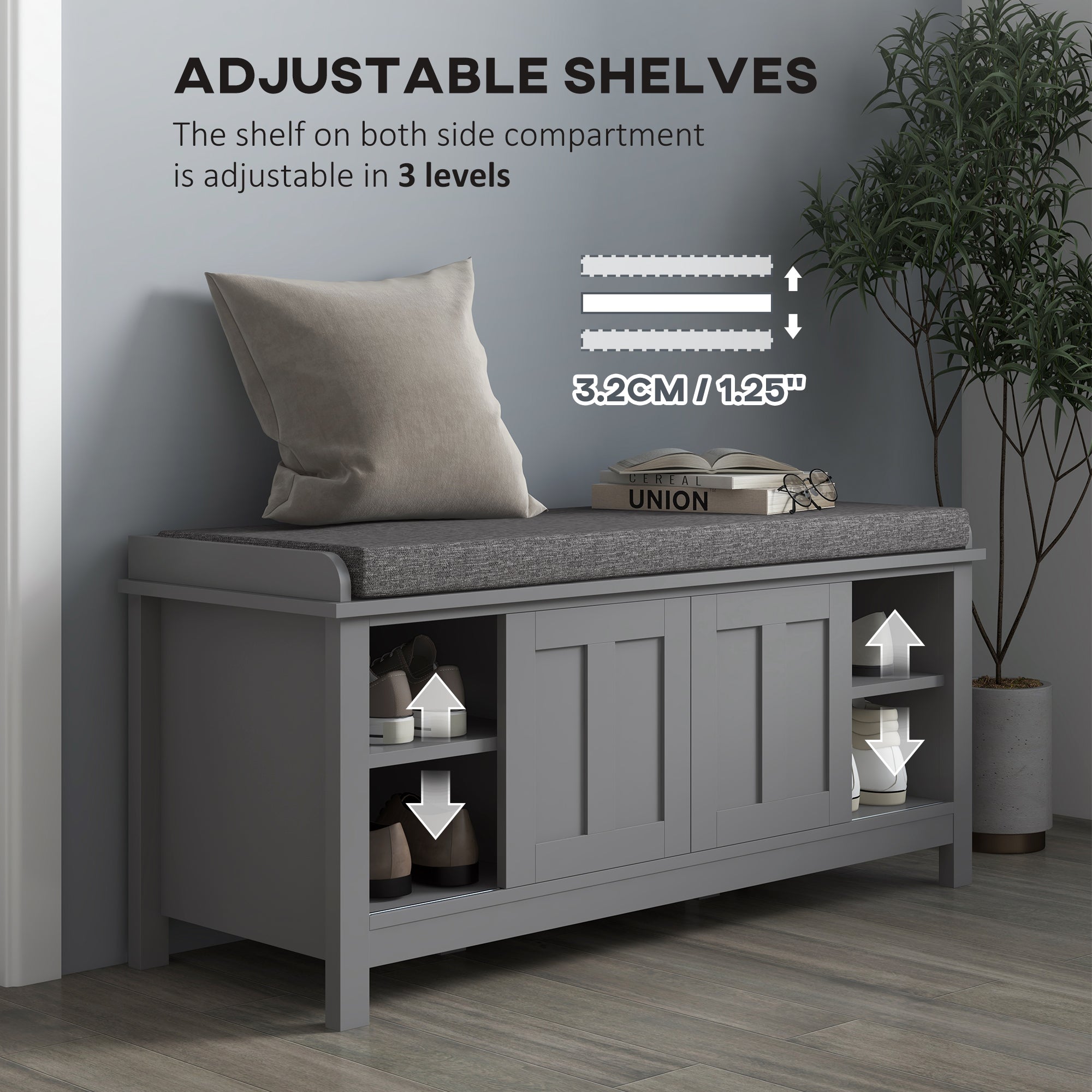 Modern Shoe Storage Bench Entry Way Bench with Cushion 2 Sliding Doors Holds 10 Pairs Gray