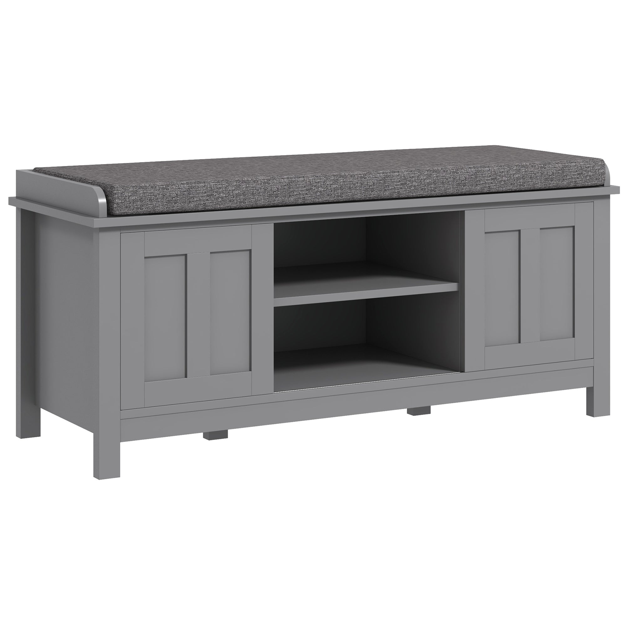 Modern Shoe Storage Bench Entry Way Bench with Cushion 2 Sliding Doors Holds 10 Pairs Gray