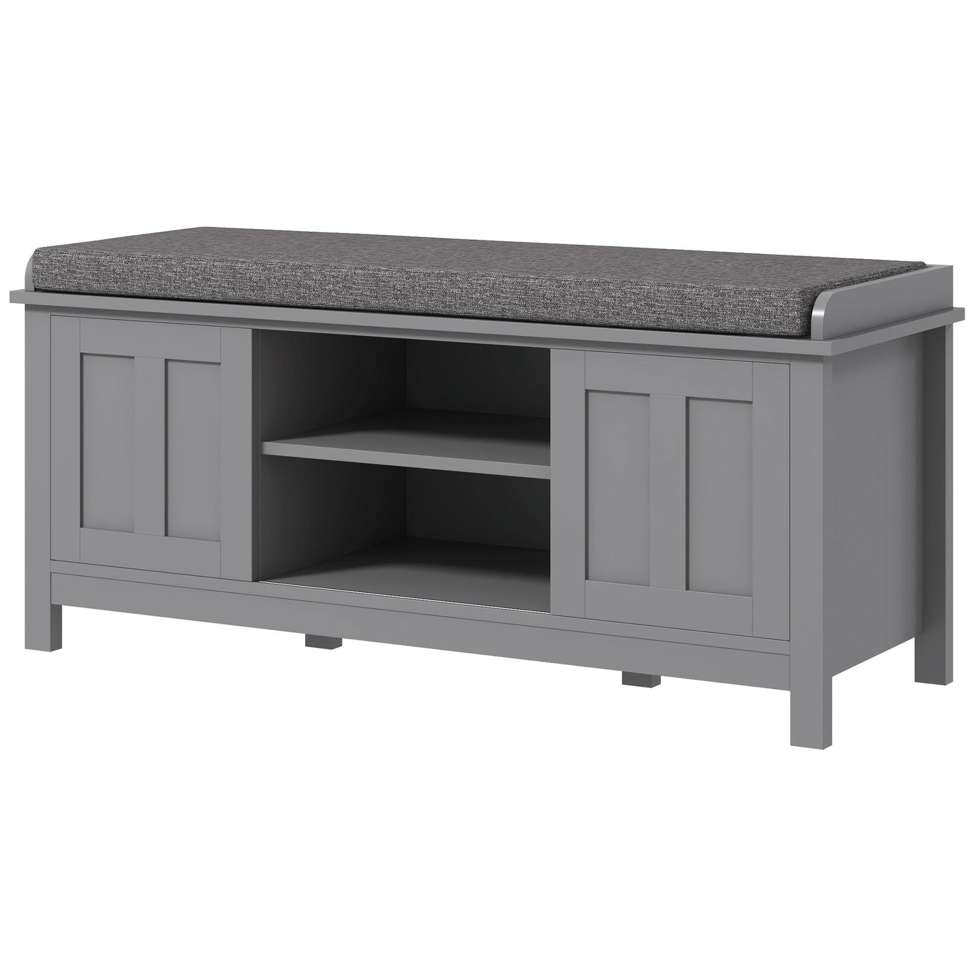 Modern Shoe Storage Bench Entry Way Bench with Cushion 2 Sliding Doors Holds 10 Pairs Gray