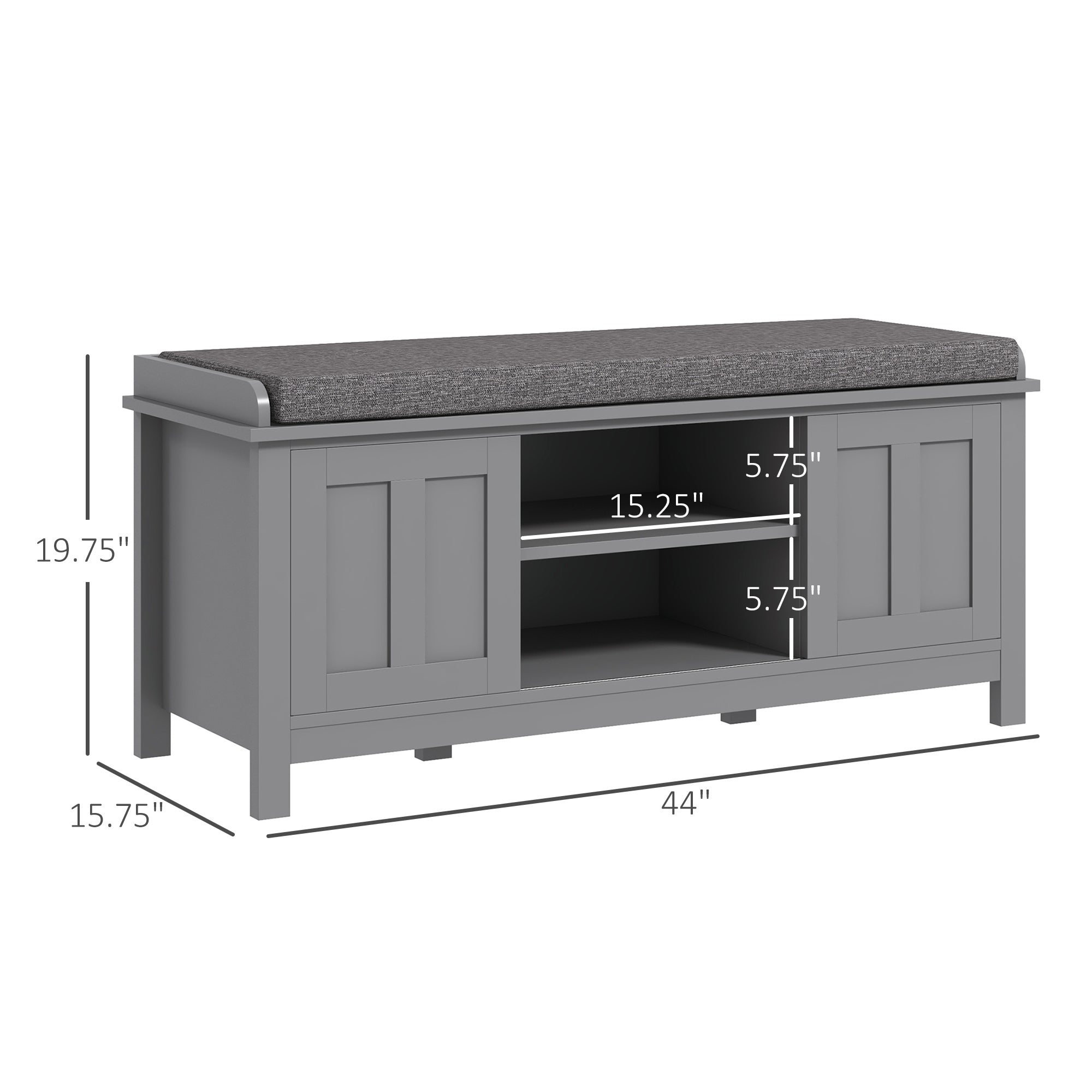 Modern Shoe Storage Bench Entry Way Bench with Cushion 2 Sliding Doors Holds 10 Pairs Gray