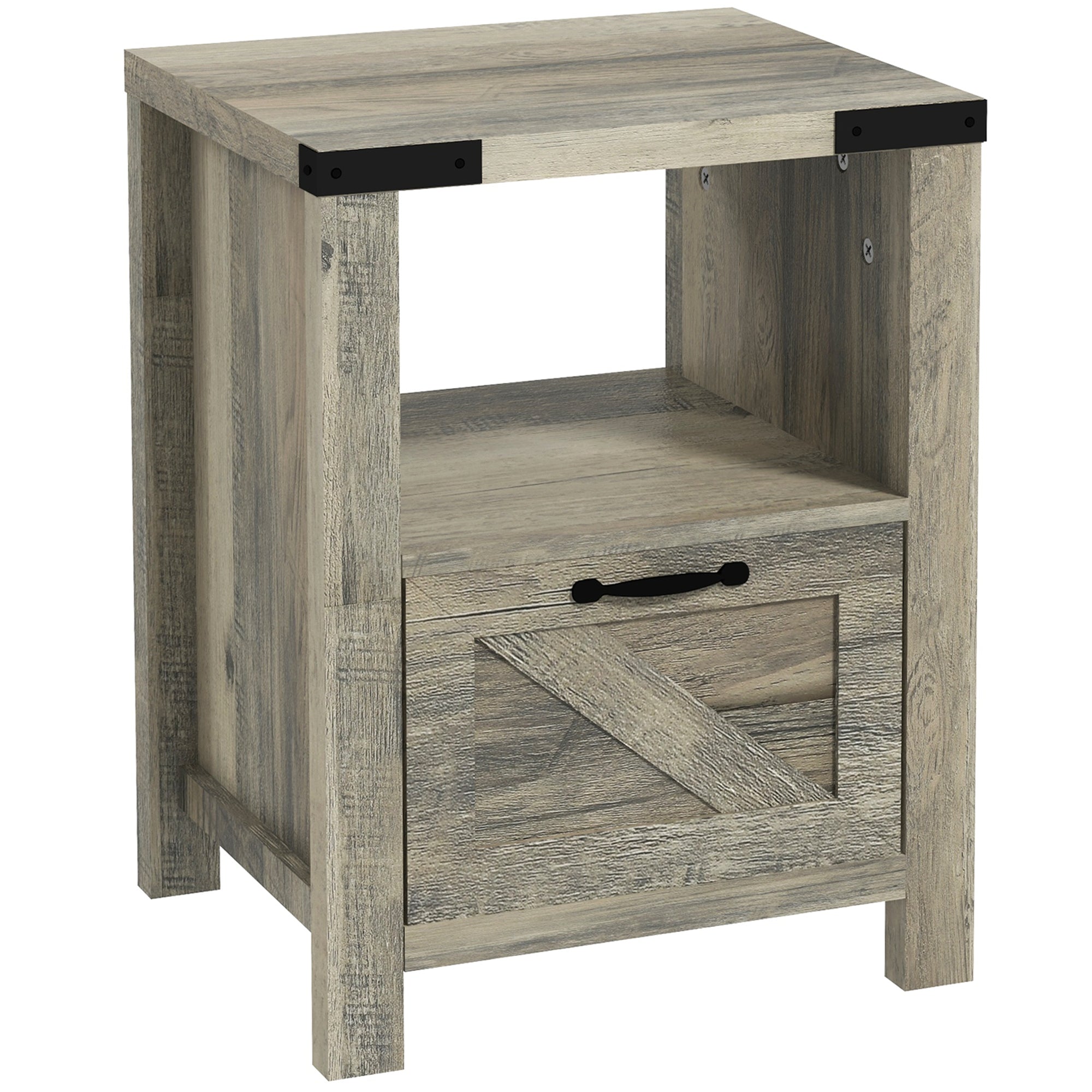 HOMCOM Side Table with Storage, Farmhouse End Table with Drawer, Open Shelf and Barn-style Panel, Accent Table for Living Room, Bedroom, Grey