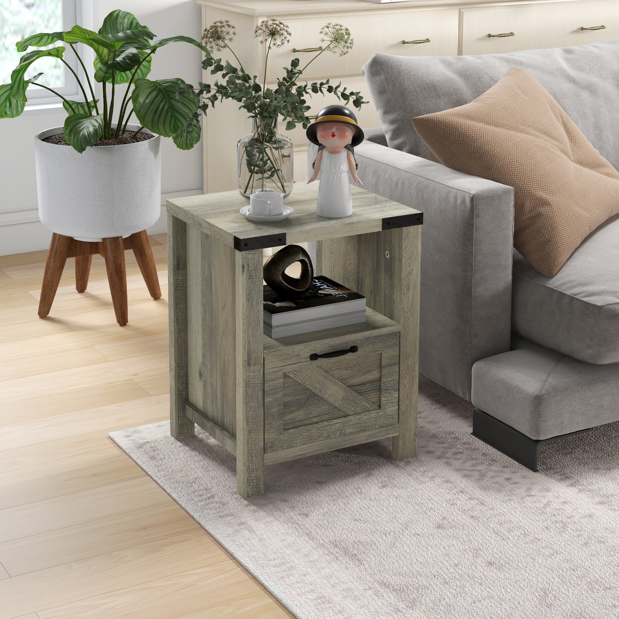 HOMCOM Side Table with Storage, Farmhouse End Table with Drawer, Open Shelf and Barn-style Panel, Accent Table for Living Room, Bedroom, Grey